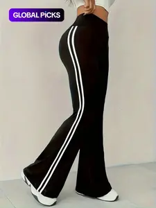 Women's High Waist Drapey Bell Bottoms, Tight Fit Colorblock Sport Pants, Stylish and Comfortable Casual Wear, Sports Bottoms, Colorblock Sweatpants, , Athleisure Style Bottoms, Yoga Workout Trousers