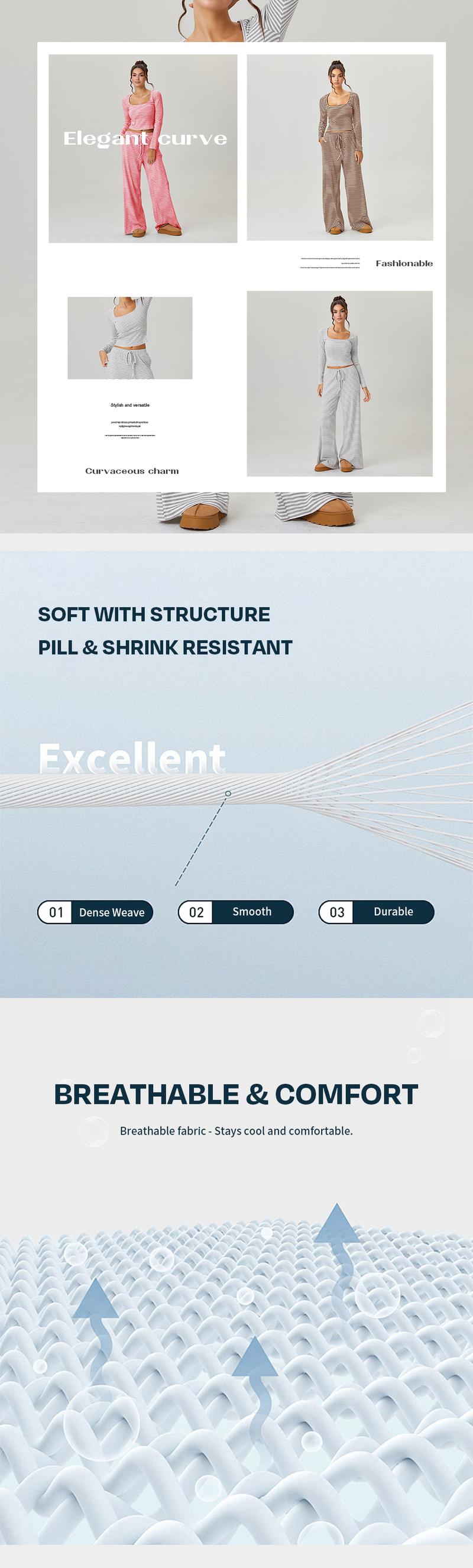 KatchMe Women's Chic Square Neck Stripe Long Sleeve Crop Top & Low-Rise Wide Leg Trousers Co-ord, Basic Two Piece Outfits for Lady, Cozy Womenswear (3)