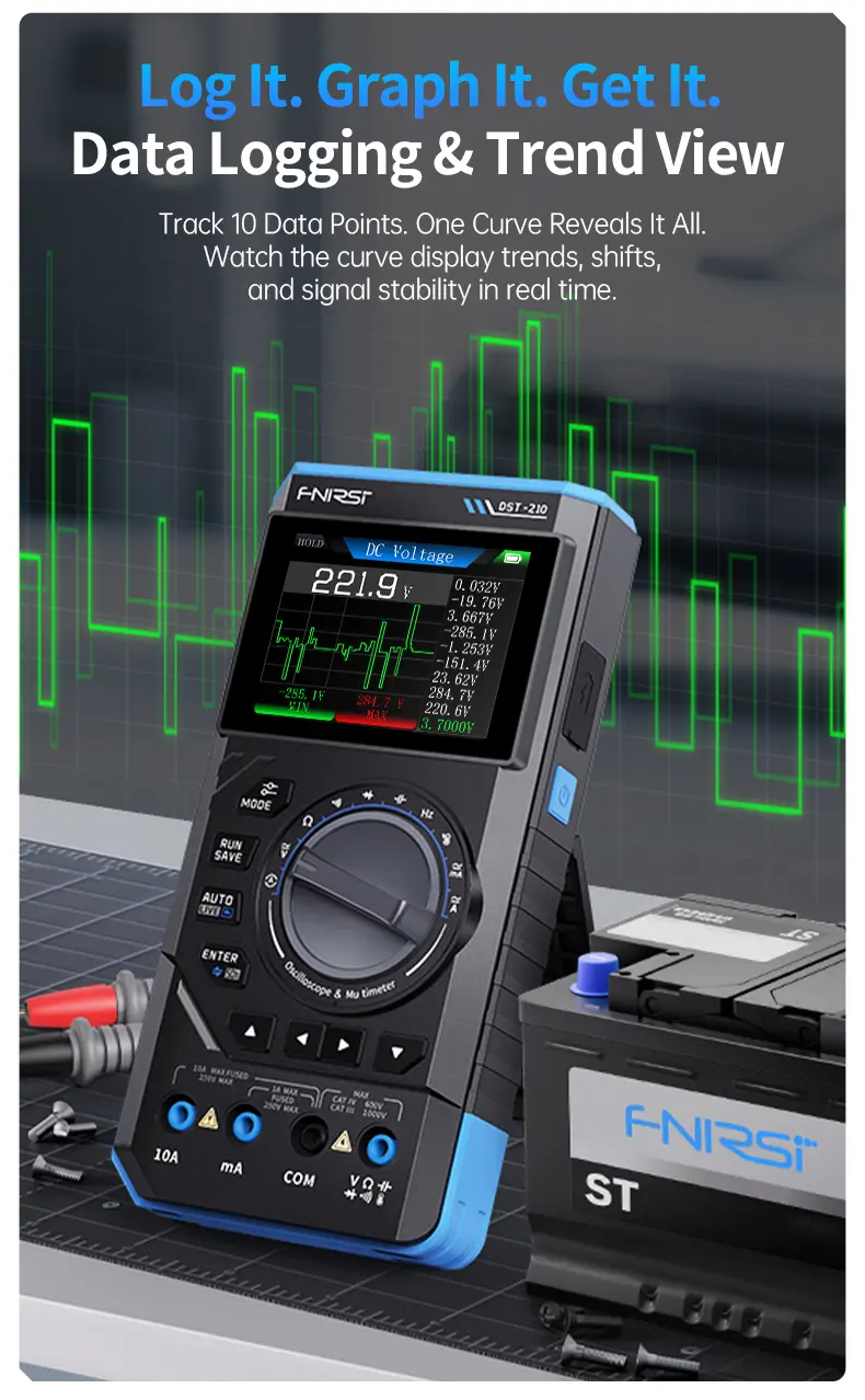 FNIRSI DST-210 Series 3-in-1 Portable Electrical Measuring Tool - Digital Smart Multimeter, 10MHz Scope, Multifunctional Oscilloscope, Signal Source, 2.8-Inch Color TFT Screen, Waveform Export, 400V Max, 19999-Count, 3000mAh, 48MSa/s for Electricians