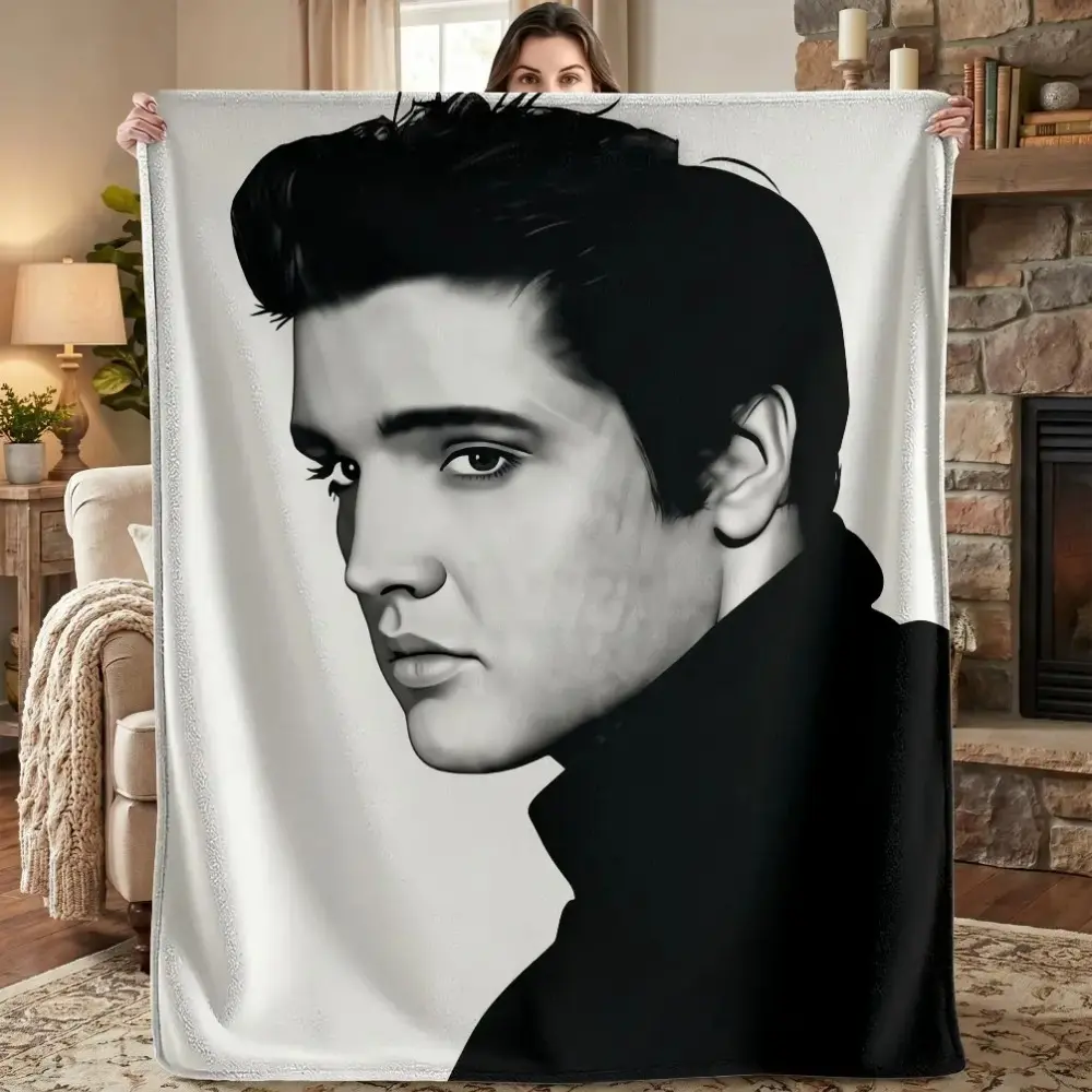 Elvis Presley Rock N' Roll Portrait Print Flannel Blanket - Flannel Fabric, Ultra Soft Cozy Throw, Multi-Size, All-Season Couch Decor for Home & Travel Watch Party Fans