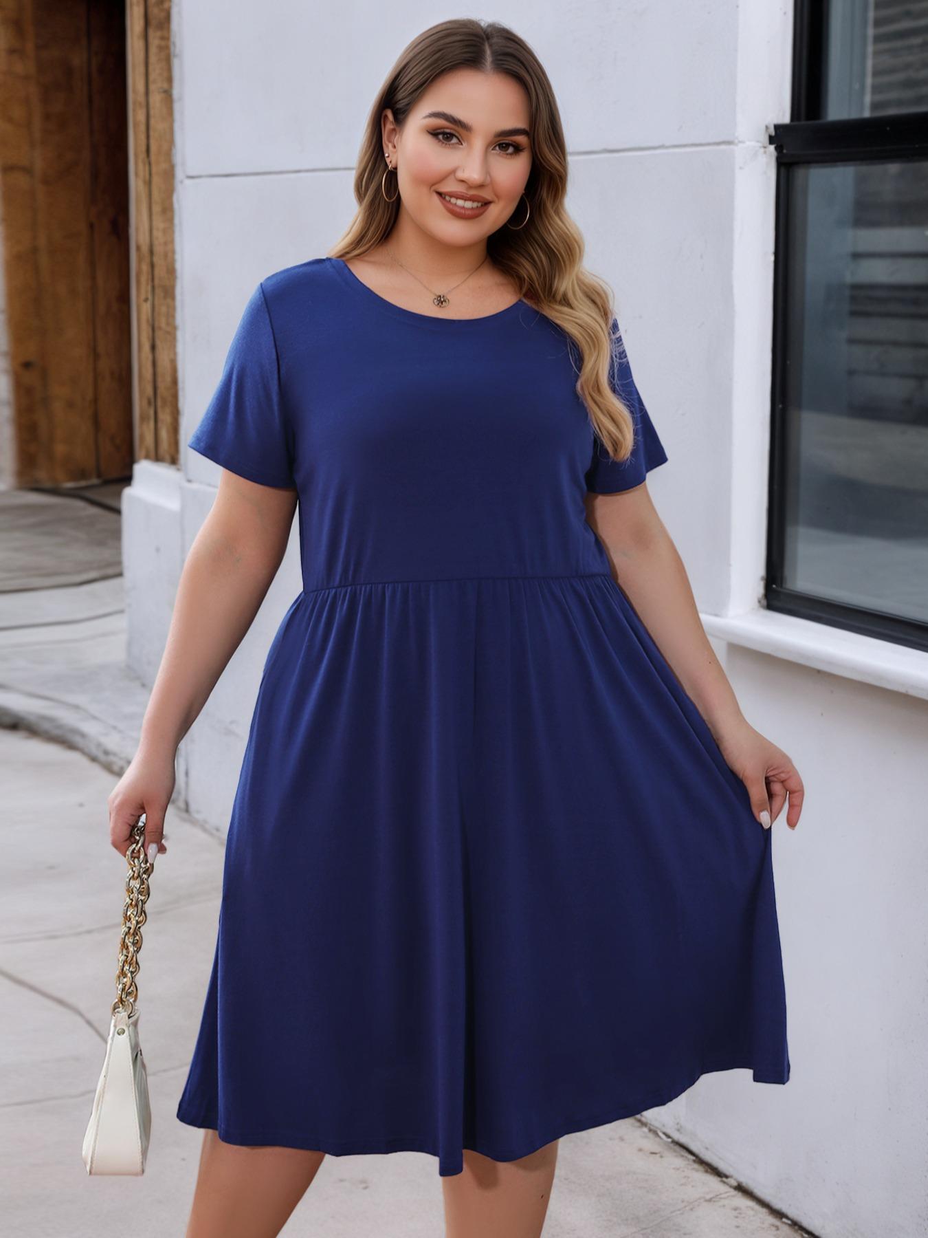 Women's Plus Size Casual Elastic Long Dress with Pockets, Elegant Summer Fitted Style, Comfortable Fabric for Daily Wear