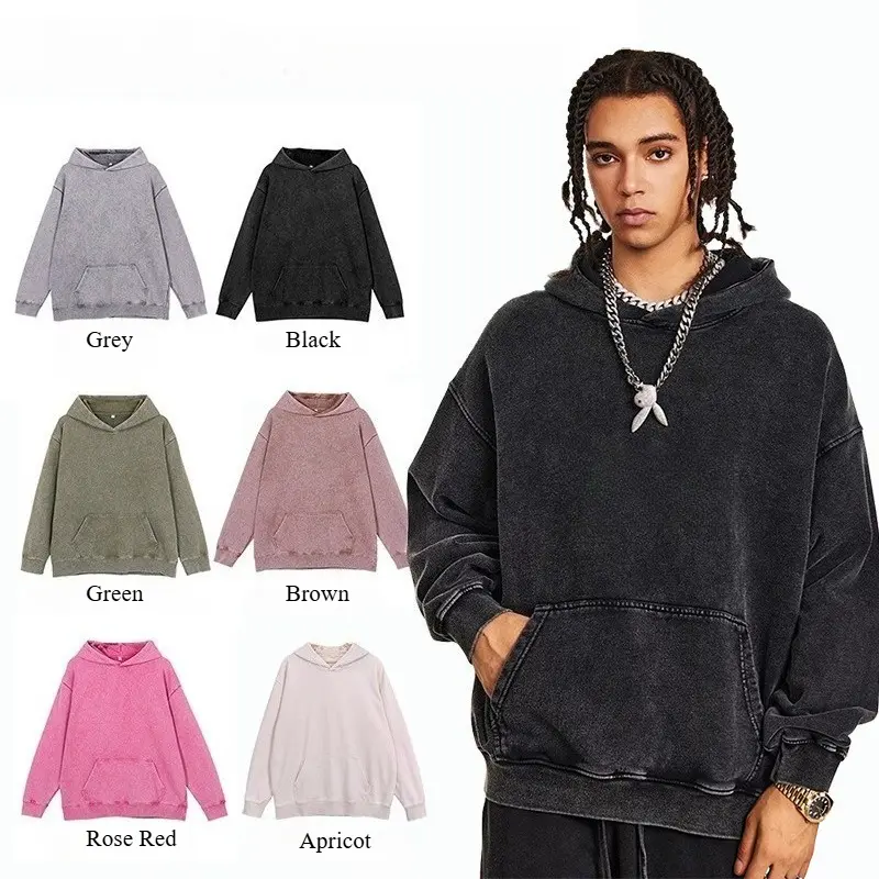 Vintage Wash Hooded Sweatshirt Distressed Faded Hoodie Loose Casual Street Style Outerwear Unisex Daily Wear Top