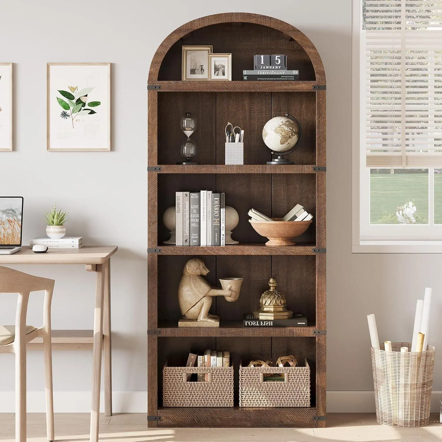 GARVEE Arched Top 5-Shelf MDF Wood Bookcase - 71in Tall Rustic Farmhouse Storage Rack, Modern Farmhouse Decor, Low-Maintenance Home Library, Classic Country Style, Curio Shelf, Anti-Tip Straps, Solid Base, Brown, Assembly Required for Home Office