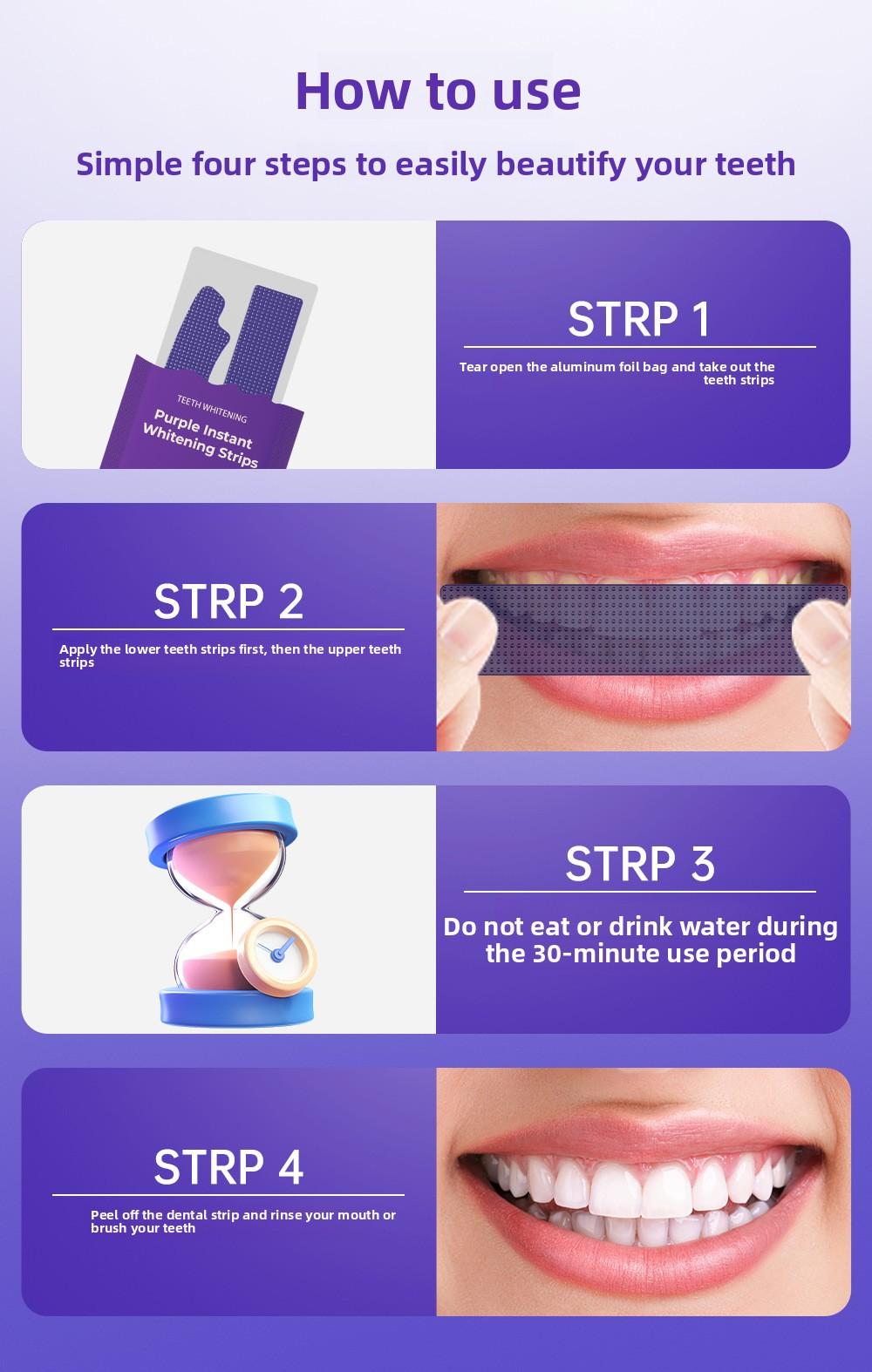 Purple whitening patches 14 pairs - Teeth Brightener Strips free of peroxides and safe for enamel, suitable for sensitive teeth, painless macular corrector, natural color enhancement, making smiles brighter, for daily and travel use