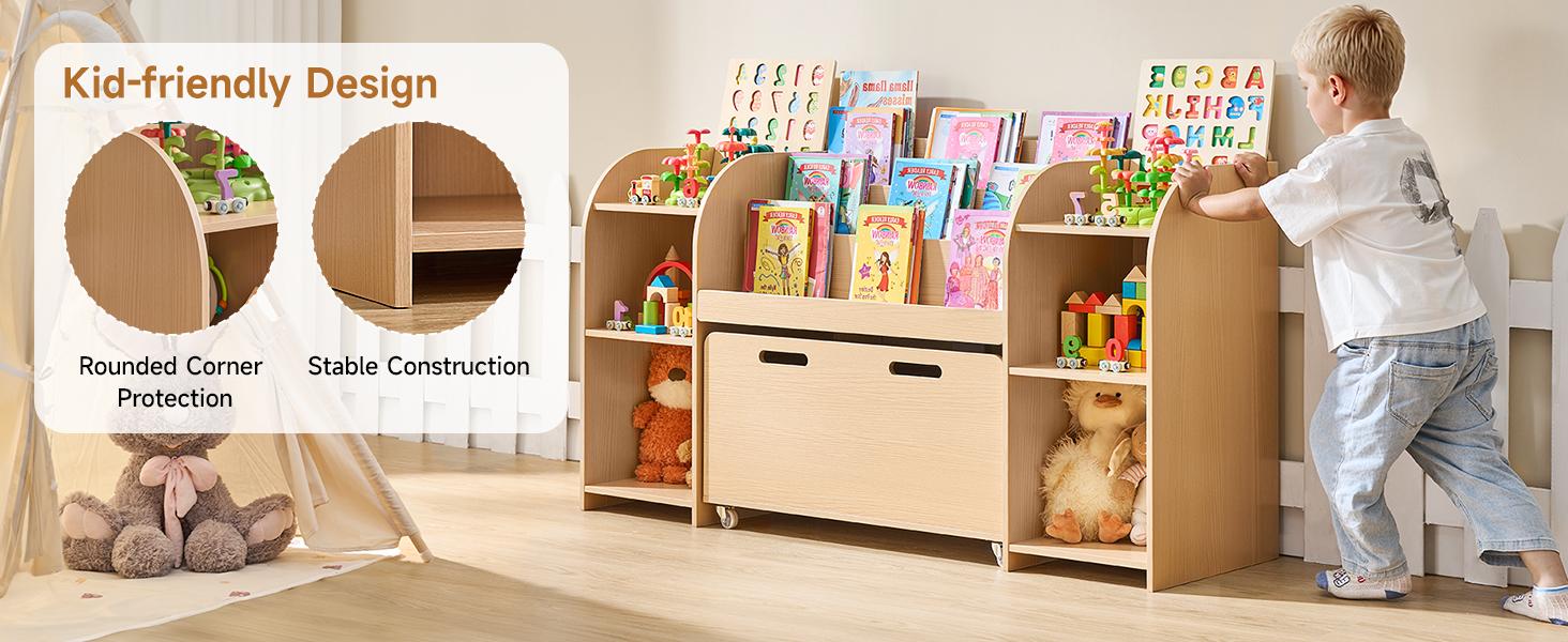 ONBRILL Kids Bookshelf with Reading Nook, 64.5" Toy Storage Organizer with Movable Bench with 3 Storage, Kids Bookcase with 3-Tier Bookshelf, 6 Storage Cubbies, Toy Box & Chest for Bedroom, Playroom