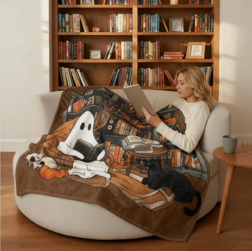 Clearance Sale Halloween Cute Ghost Throw Blanket with Bookshef Design Soft Cozy Blanket for Fall Reading Nook Autumn Winter Decor for Couch Sofa Bedroom Office Home Spooky Blanket Boo Basket Gift for Women Men Wife Book Lovers Outdoor Halloween Decor