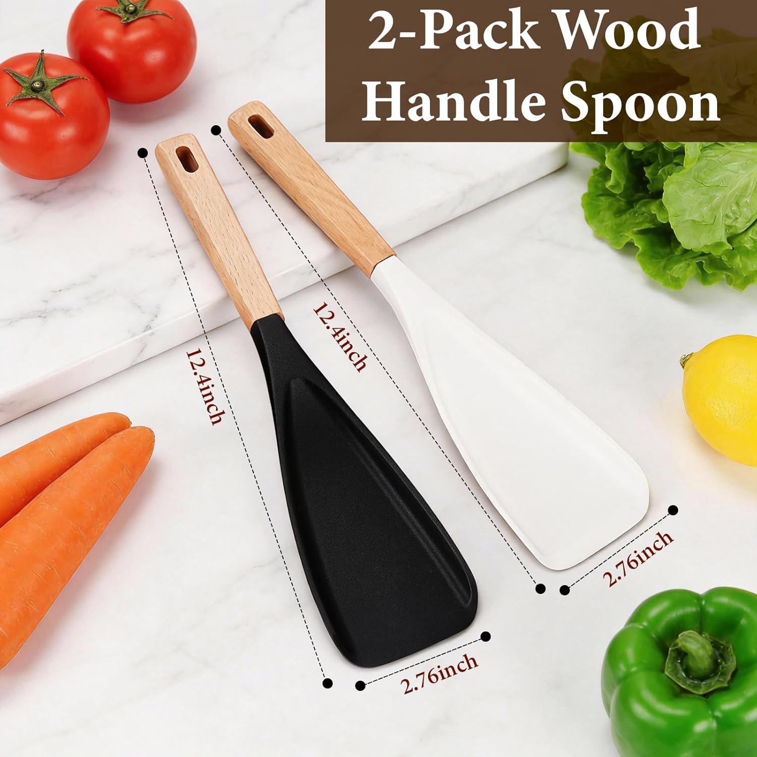 2 count Cooking Spoon for Nonstick Cookware,  Spatula Spoon with Wooden Handle, Heat Resistant Kitchen Spatula,  for Cooking, Baking, Mixing, Scraping and Serving (White)