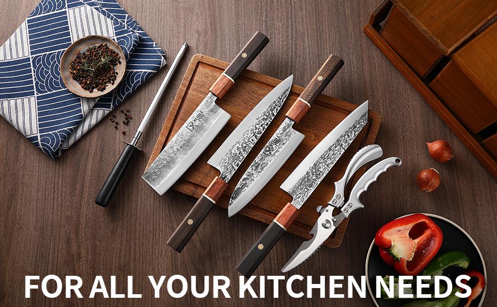 Xchief Pro Japan Knife Set, High Carbon Steel Japan Nakiri Santoku Knife Set, Hand Forged Meat Cleaver Butcher Knife with Accessories for Kitchen, Camping BBQ Knives Set with Bag