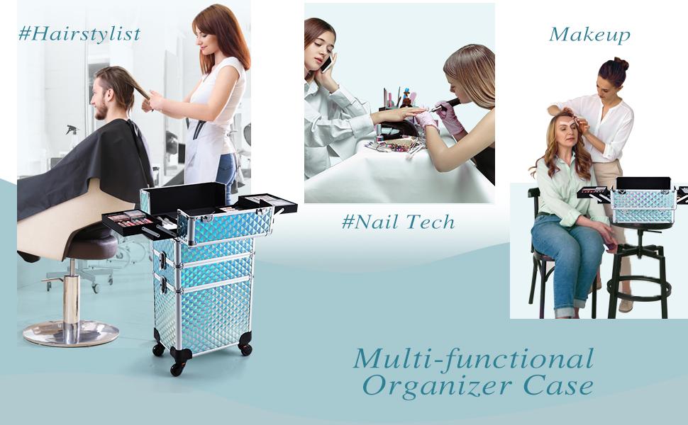 3 in 1 Rolling Makeup Train Case Large Cosmetic Trolley Salon Barber Case for Make Up Hairstylists Nail Tech Aluminum Makeup Trolley Case