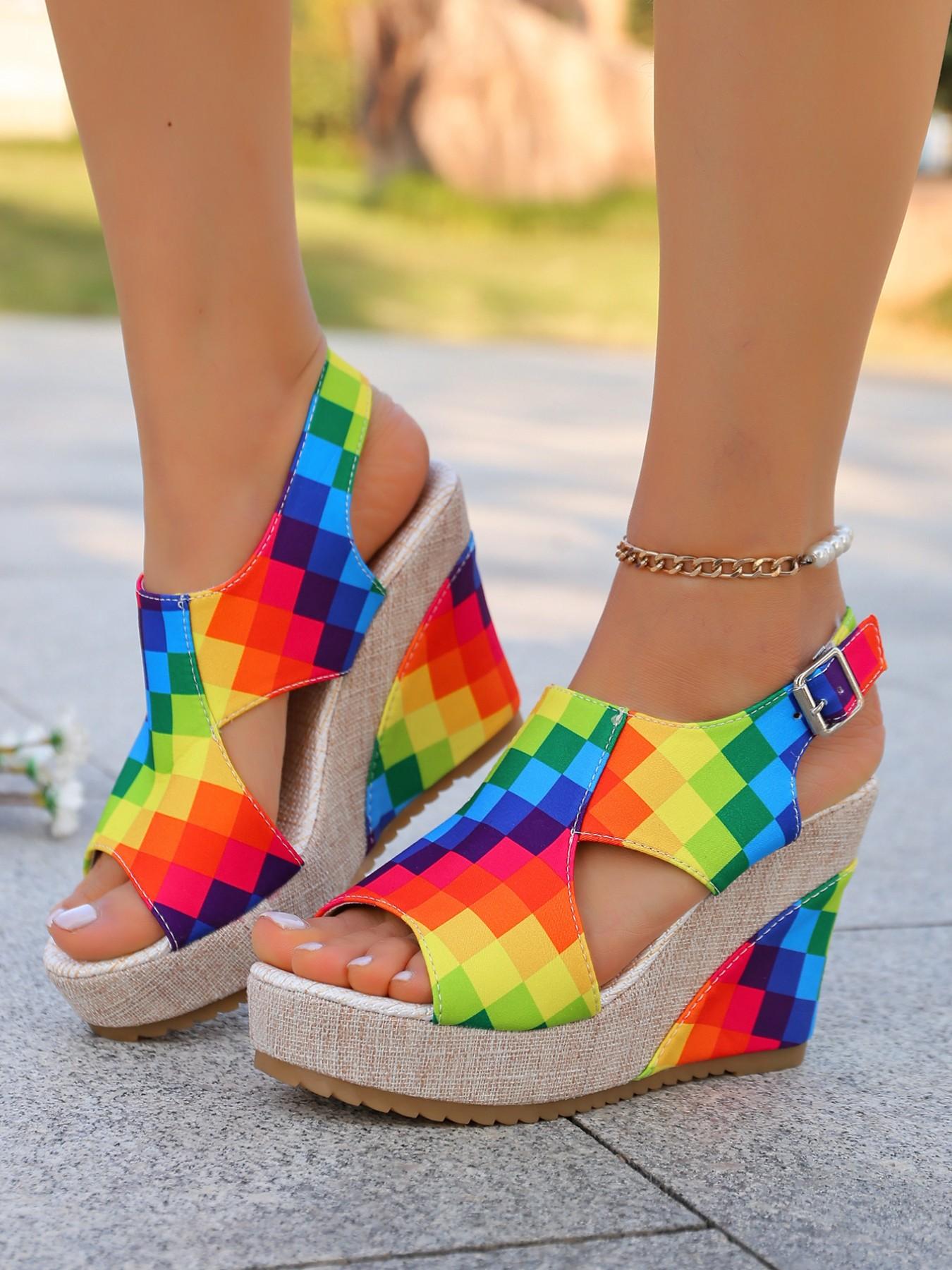 Women's Boho Rainbow Wedge Sandals, Adjustable Back Strap, Thick Sole, Anti-Slip, Comfortable, Multi-Color, Beach Vacation Shoes