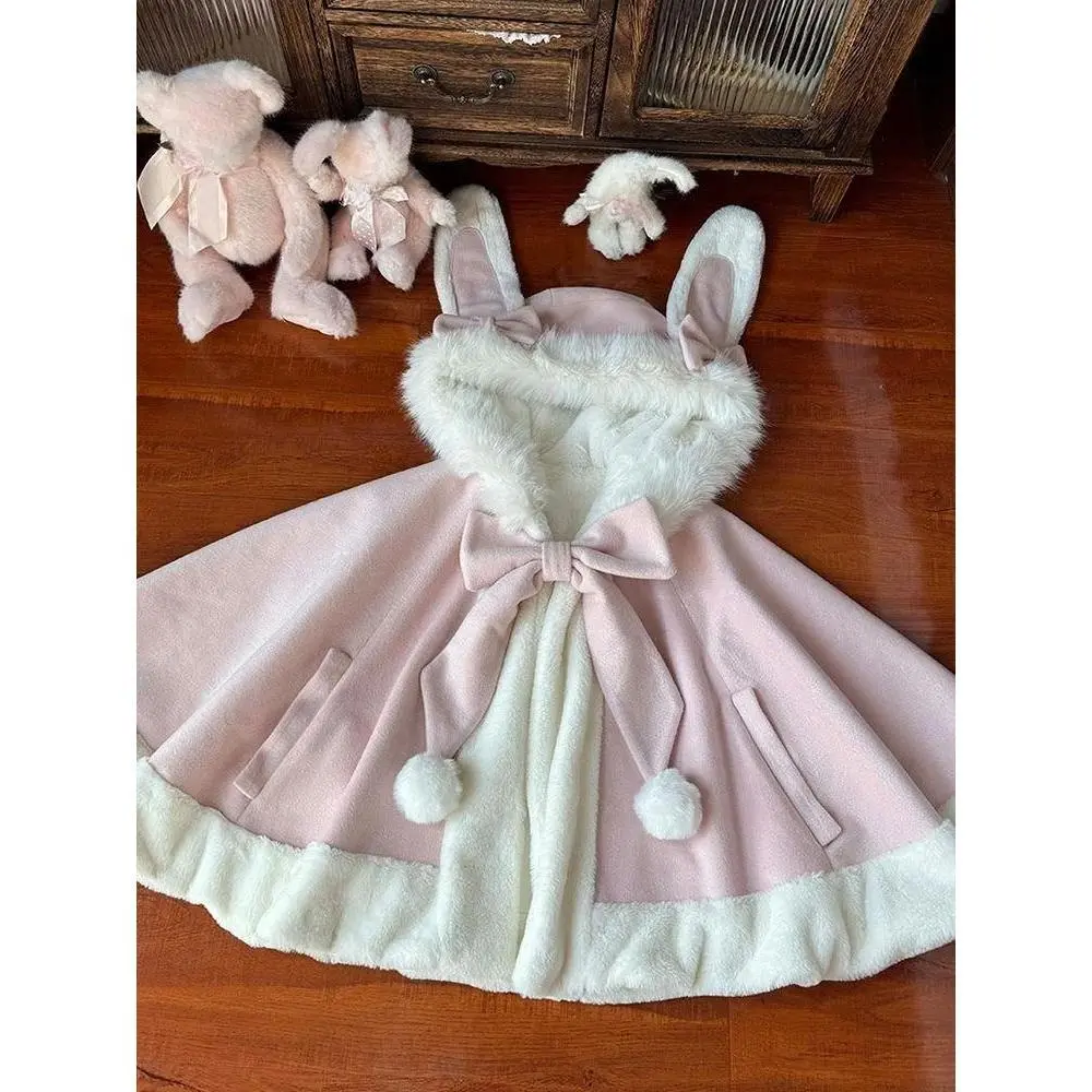 Japanese Lolita Faux Fur Patchwork Hooed Coat Y2k Aesthetic Cloak Jacket Women Kawaii Sweet Bow Jackets Oversized JK Capes