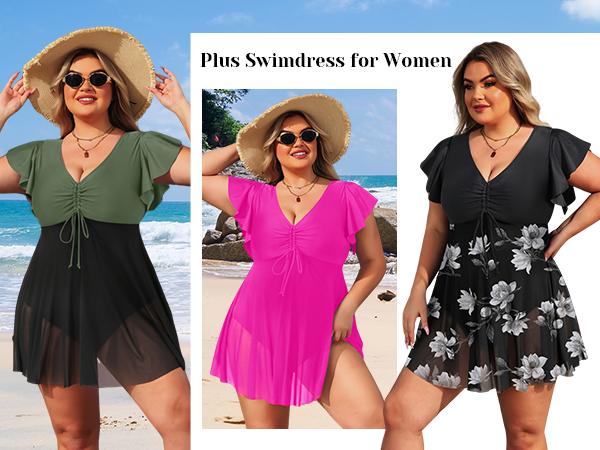 Yonique Plus Size One Piece Swimsuit for Women Tummy Control Swimdress Ruffle Sleeve Bathing Suit