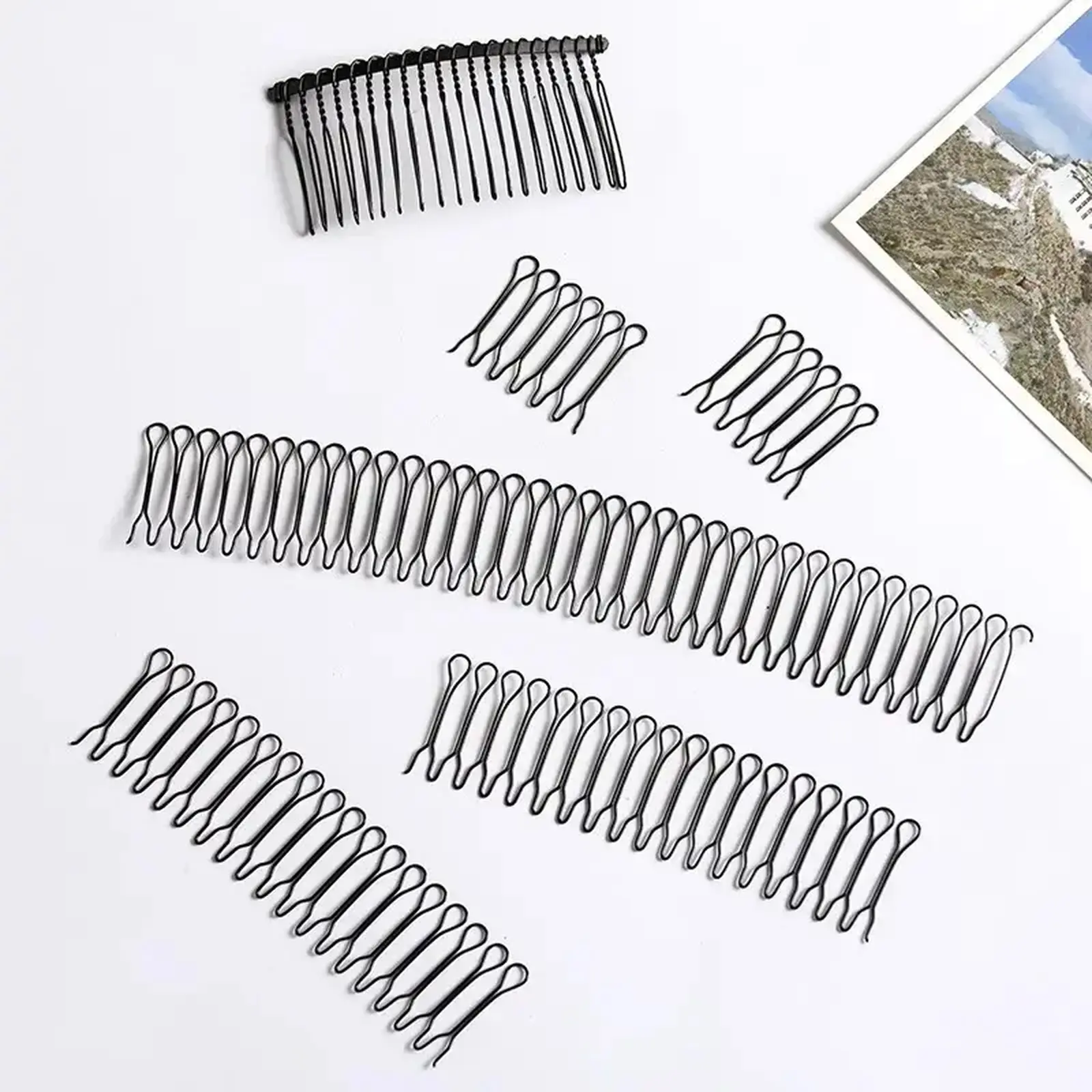 Reusable Non‑Slip U Shape Hair Finishing Fixer Comb, 3 Pieces Bobby Bangs Holder Styling Tool Stretchable Hair Pin U Shape Wavy Comb Clips Spring Headband Circle Styling Black Pins Bun Hairpins for Women Girl.