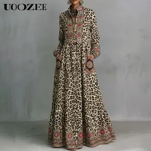 UOOZEE Women's Leopard Paisley Print Border Trim Satin Maxi Shirt Dress, Mandarin Collar Long Sleeve Button Front Floor Length Gown with Pockets, Size Up for Full Cups, Resort Curvy Plus Size Dress
