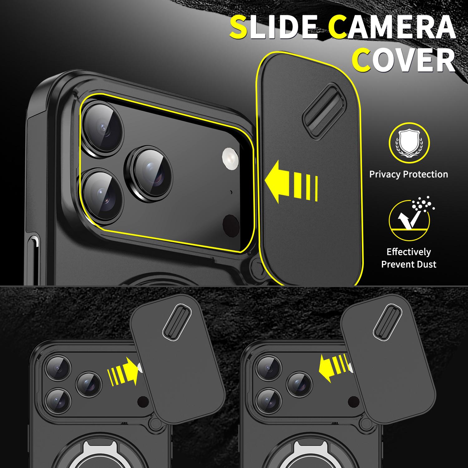 Slide Camera Cover For iPhone 17 Pro Max 16/15/14/13/12 Military Grade Drop Protection Anti-Fingerprint Coating 360° Rotatable Ring Holder Stand Black Shockproof Protective Casing