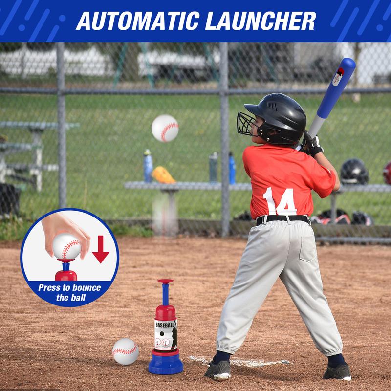 3-in-1 Baseball Set for Kids 3-5 - Tee Ball Stand, Hanging Tee, Ball Launcher and 6 Softballs - Adjustable Height, Indoor/Outdoor Sport Gifts for Boys, Blue/Purple