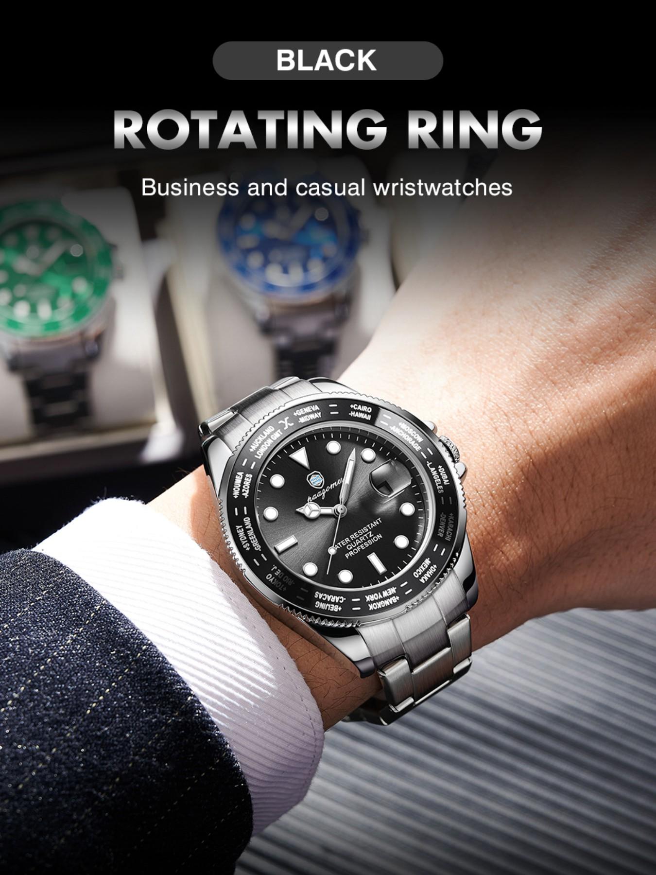 Paazomu Sport Men's Watch, Quartz Analog Display, Waterproof & Luminous, Stainless Steel Band, Casual Style, Ideal Gift