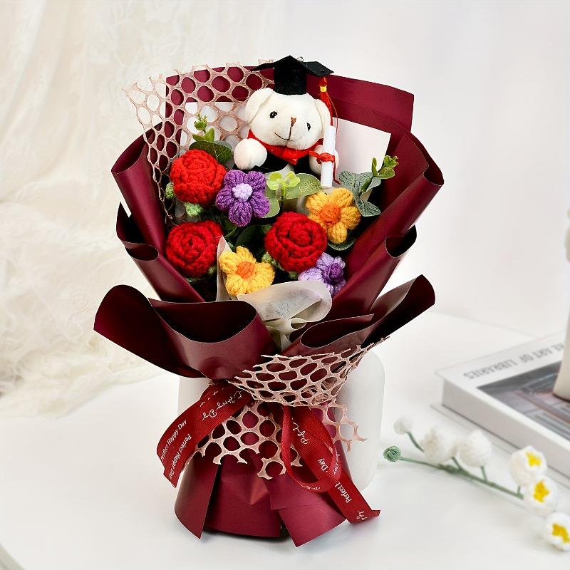 Crochet Flower Bouquet Set with Plush Bear and Gift Bag, Ideal for Graduation Gifts, Teacher's Day, Sunflowers and Daisies, Year-Round Decor
