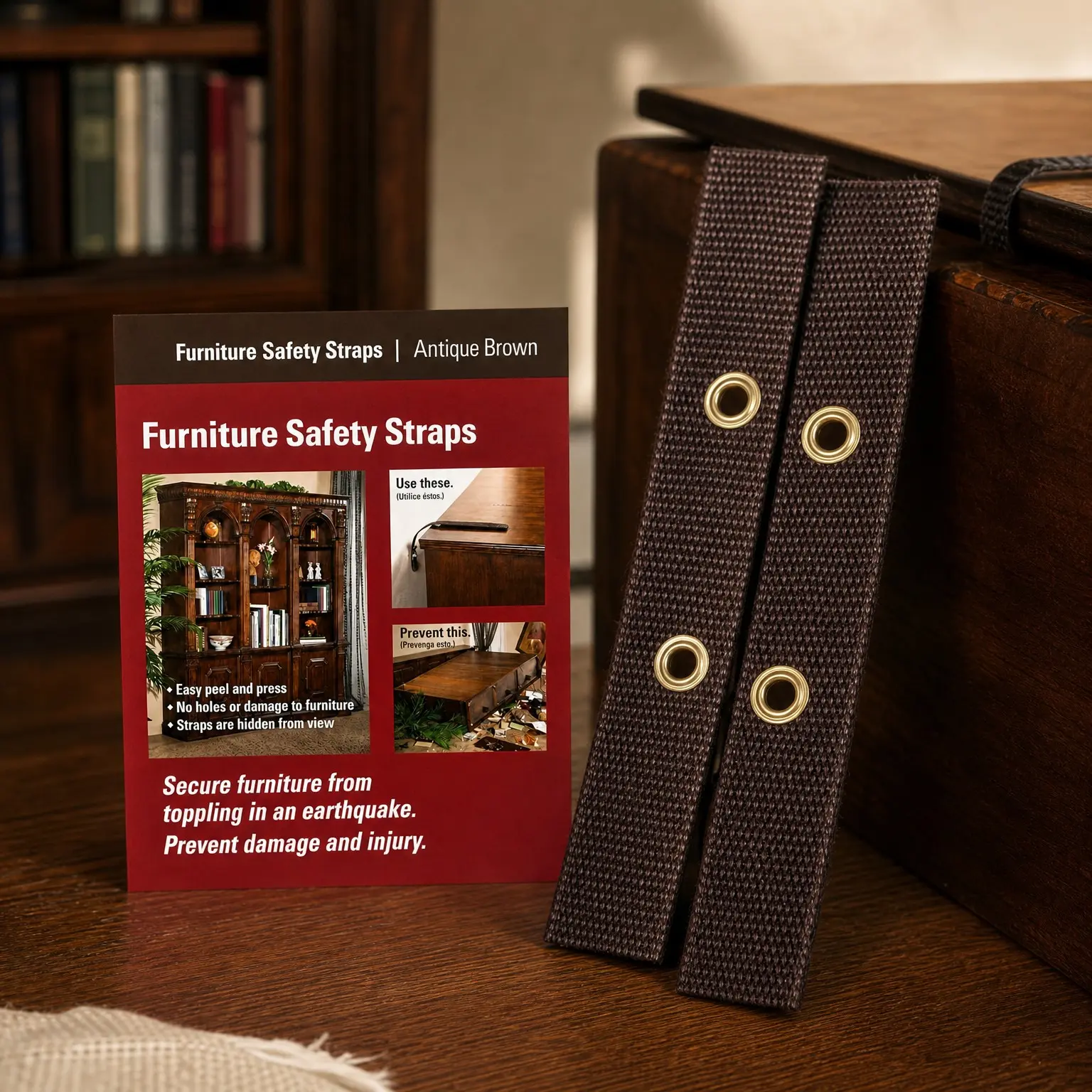 4162 Furniture Strap Kit, Antique Brown, 15 inch Nylon Anchors, Anti-Tip Wall Anchors & Safety Straps for Bookcases, Dressers, Cabinets and Shelves, Earthquake PreparednessGift