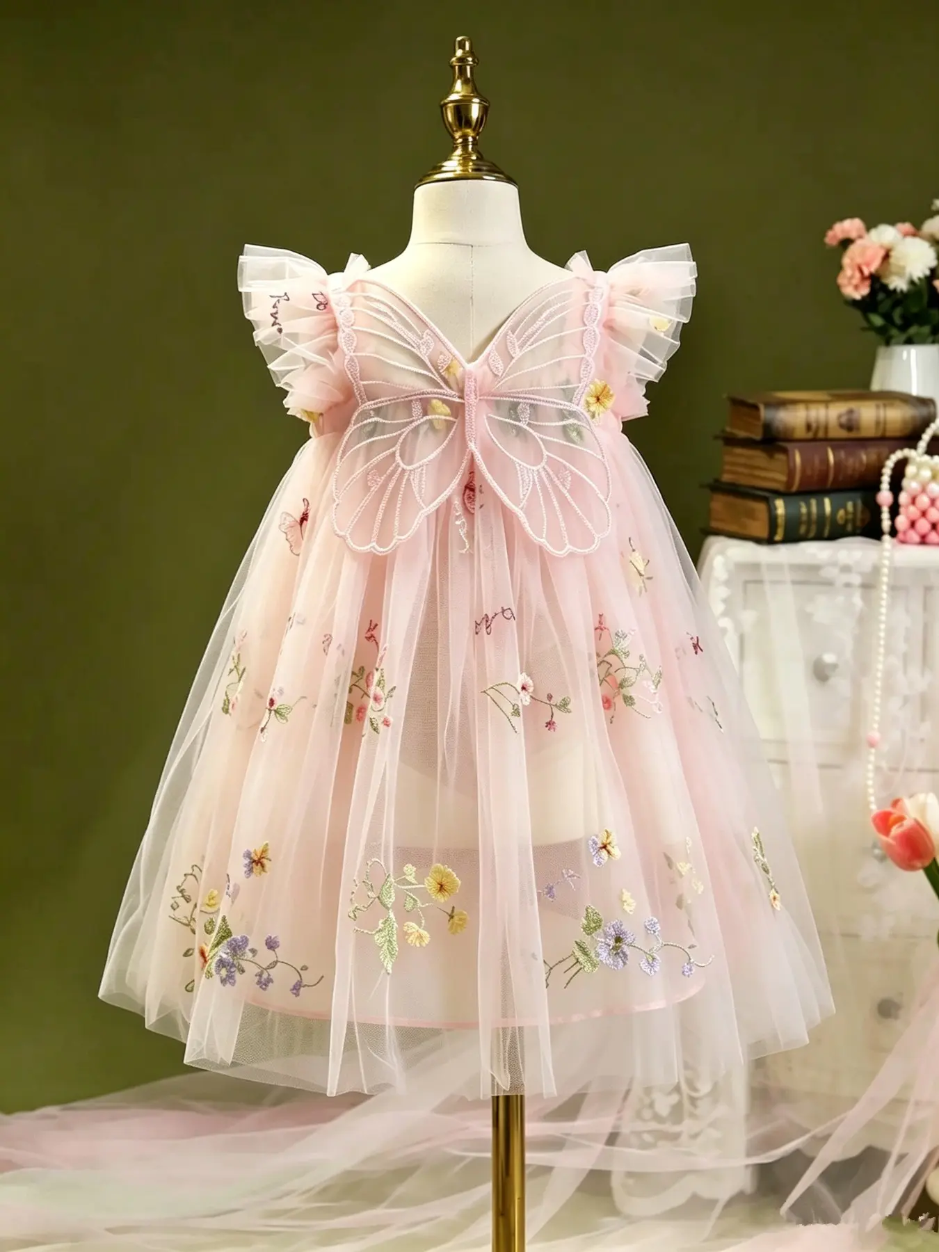 Girl's Floral Embroidered Tulle Dress, Cute Butterfly Design for Parties, Toddler Party Dress, Kids' Summer Holiday Clothes, Embroidery Dress, Toddler Summer Dresses