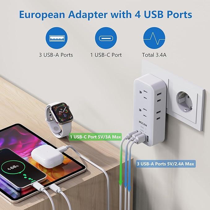 European Travel Plug Adapter, International Power Plug Adapter with 6 Outlet 4 USB(1 USB C), Type C Plug Adapter Travel Essentials to Most Europe EU Italy Spain France Germany Switzerland Portugal