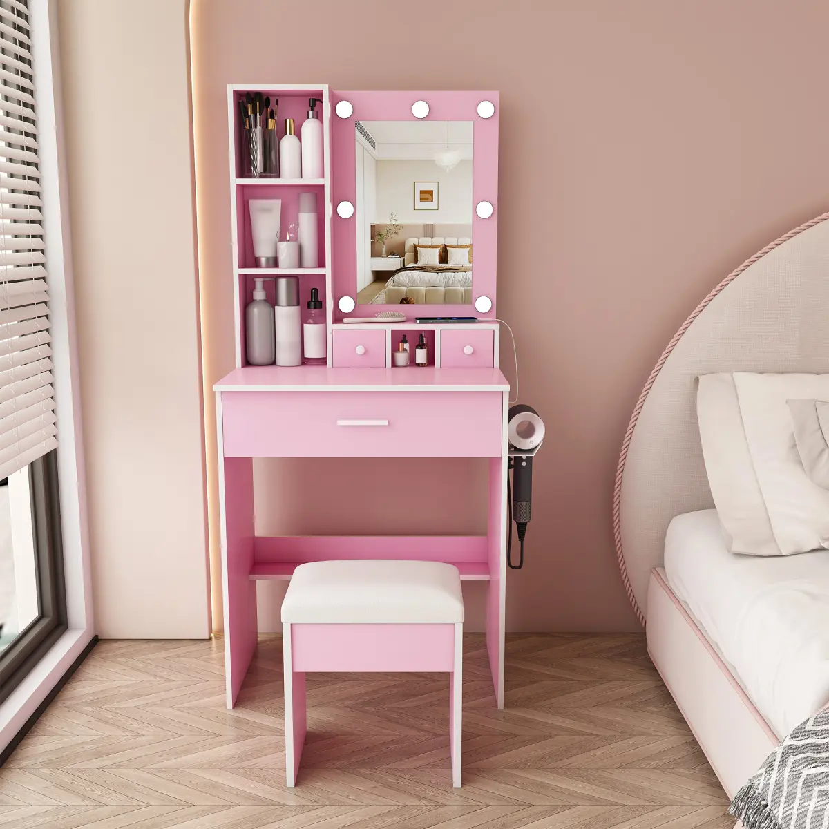 Vanity Desk Set with Mirror, Adjustable LED Lights, Power Outlet, Hairdryer Holder & Stool, Makeup Dressing Table with 3 Drawers and Storage Shelves, Compact Vanity Table for Bedroom, Pink