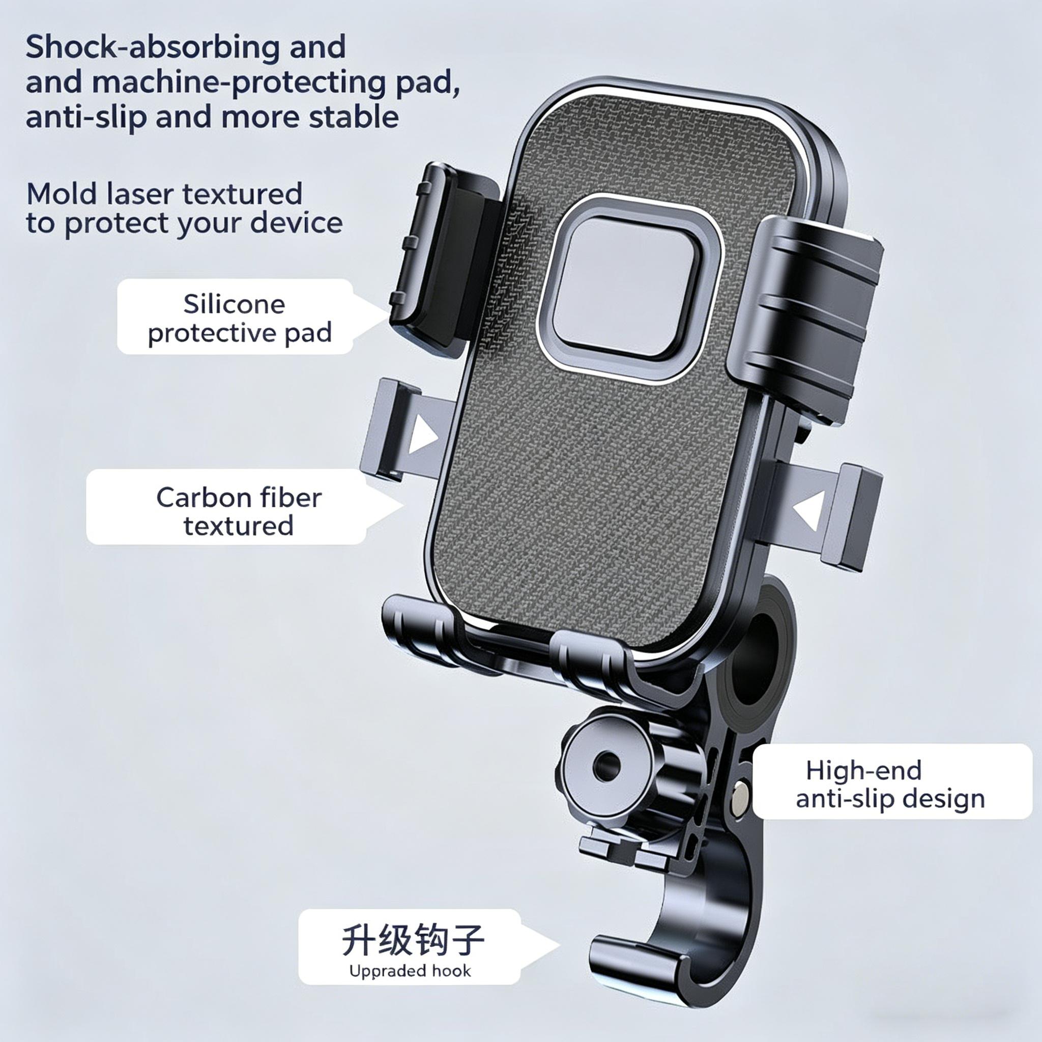 360° Rotatable Bike and Motorcycle Phone Mount, suitable for scooters, e-bikes, e-bike accessories, handlebar mounts, anti-vibration mounting for cycling, navigation mounts for food delivery riders, and shock-resistant phone mounts for outdoor cycling.