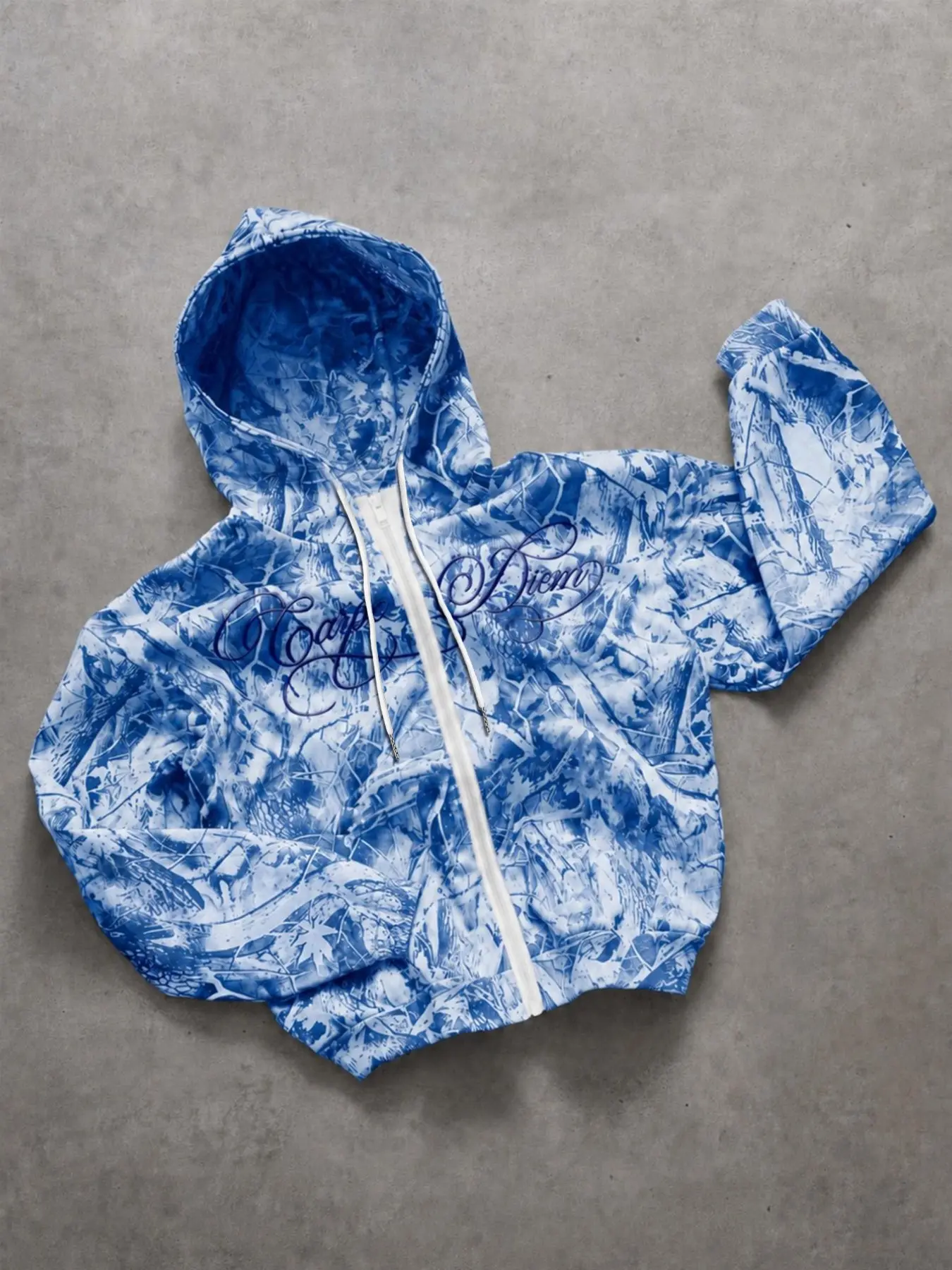 Ice Blue Camo Carpe Diem Zip Up Hoodie Y2K Streetwear Graphic Print Sweatshirt Jacket Casual Oversized Winter Outwear for Men Women