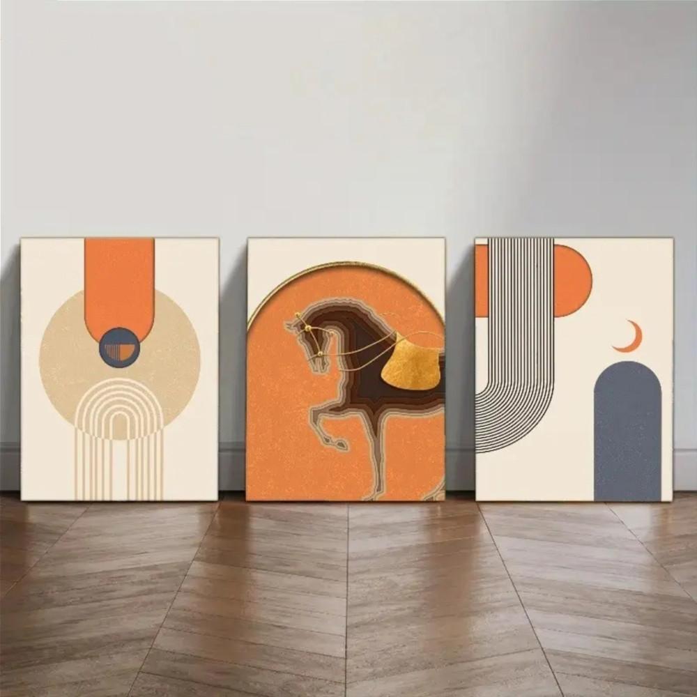 3-Piece Optional Wooden Frame Modern Bohemian Abstract Geometric Line Art Poster Waterproof Material HD Color Print High Color Accuracy Room Entrance Dining Decor