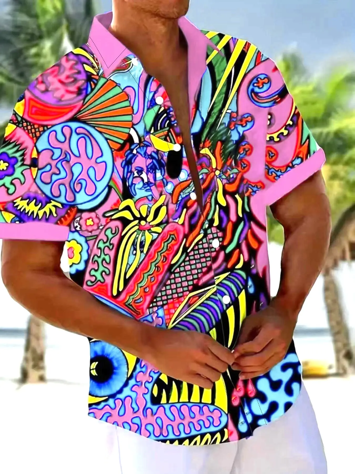 Men's Short Sleeve Casual Comfy Collared Shirt, Abstract Art 3D Digital Print, Tropical, Vintage Style, Bohemian Casual Wear, Polyester Material, Loose Fit, Pocket Design, Summer Casual Wear