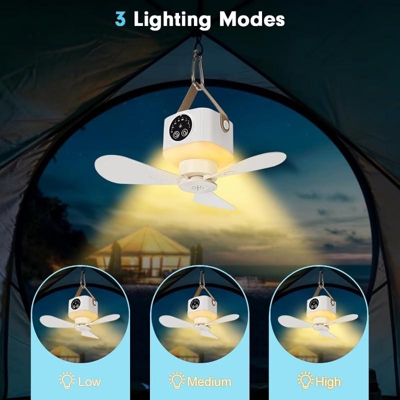 Camping Ceiling Fan, Usb Portable Fan, 3-Speed Ambient Light, 4-Speed Timer, 4-Speed Wind Speed Adjustment, Remote Control, USB Charging, Long Battery Life, Suitable for Camping, Home, Bedroom And Other Places
