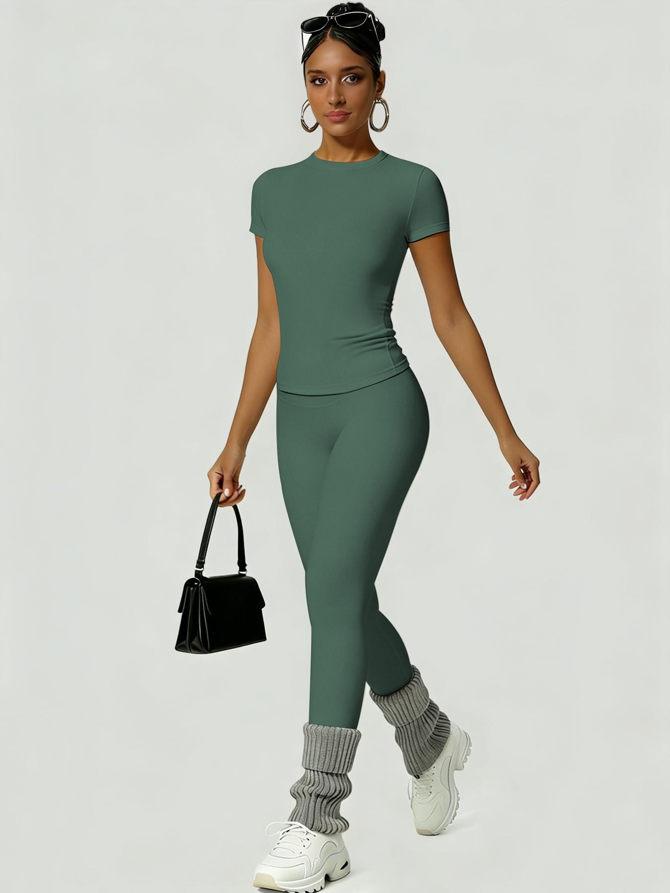 Women's Sportswear Set, Athletic Style Activewear, Slim-Fit Round Neck Short Sleeves & High-Waisted Yoga Pants, Ideal for Gym Running Outdoor Activities, Gym Sets