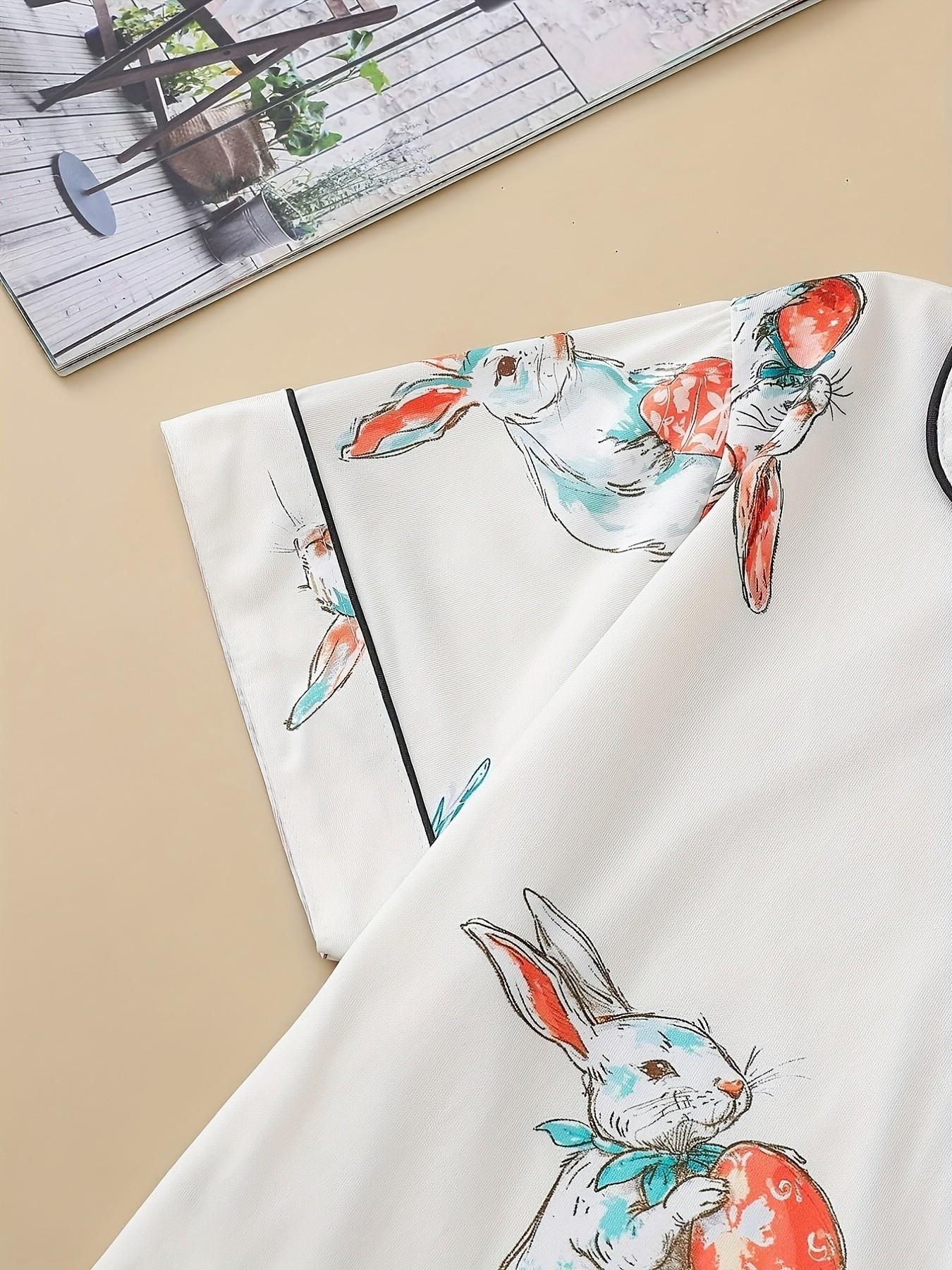 Easter 2 Piece Women's Pajama Set with Rabbit and Egg Print, Short Sleeve Button-Up Top and Loose Stretch Shorts, Casual Comfortable Sleepwear for Holidays and Everyday Wear