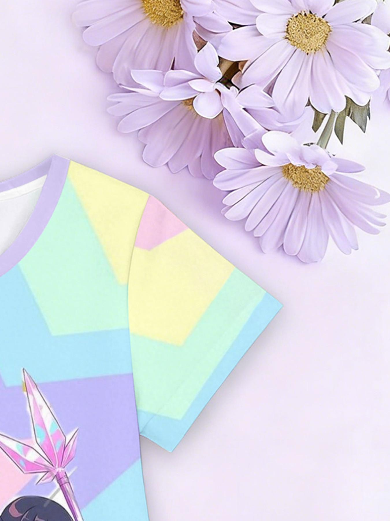 Girls' 3D Kpop Dress, Macaron Color Star Cloud Print A-Line Skirt, Perfect for Parties, Festive Gifts, Birthday Presents