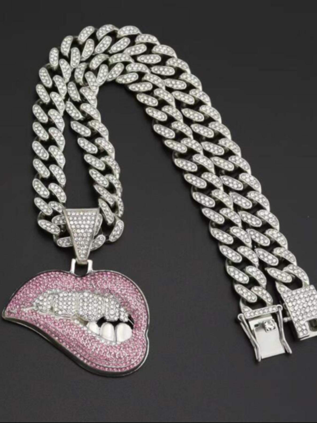 Silver Iced Out Pink Lips Pendant Necklace - Cuban Link Chain Hip Hop Jewelry for Men Women iced out necklace, cuban link necklace, lips necklace, pink lips pendant, hip hop jewelry, silver cuban chain, rhinestone necklace, two tone necklace, grillz jewel