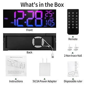 8 Colors Digital Wall Clock, 16.2" Large Digital Clock with Temperature, Date, Auto DST, Night Light, Auto Brightness Dimmer, 24/12-hour Wall Clock for Living Room Office Classroom Gym,camping essentials