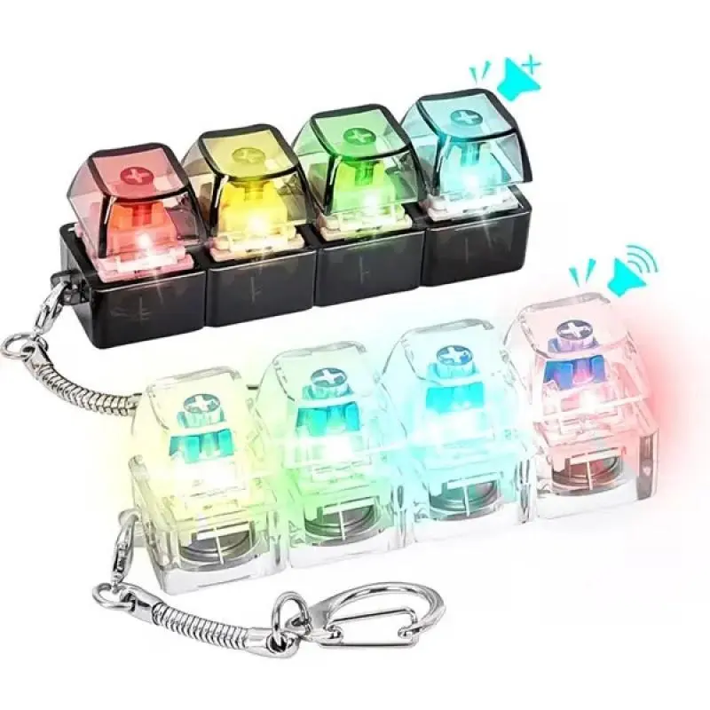 Keyboard-shaped keychain with LED light, phone lanyard style, 4-in-1 stress-relieving toy, keyboard clicker suitable for relieving anxiety, sensory stress relief to relax the mind.