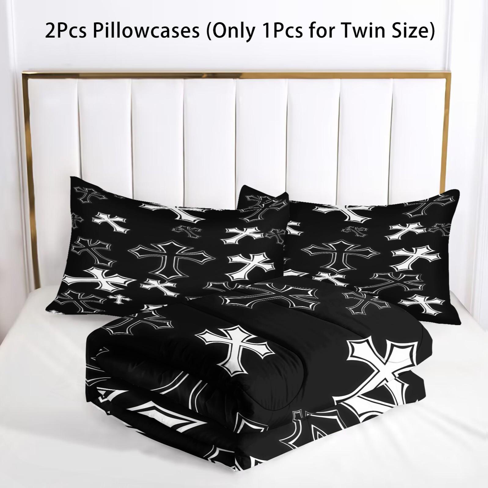 Gothic Cross Pattern Comforter Set, Soft And Durable Bedding Set, Including 1 Comforter And 1 Or 2 Pillowcases, Suitable For Daily Holiday Birthday Gifts And Bedroom Decorations For Children And Adults