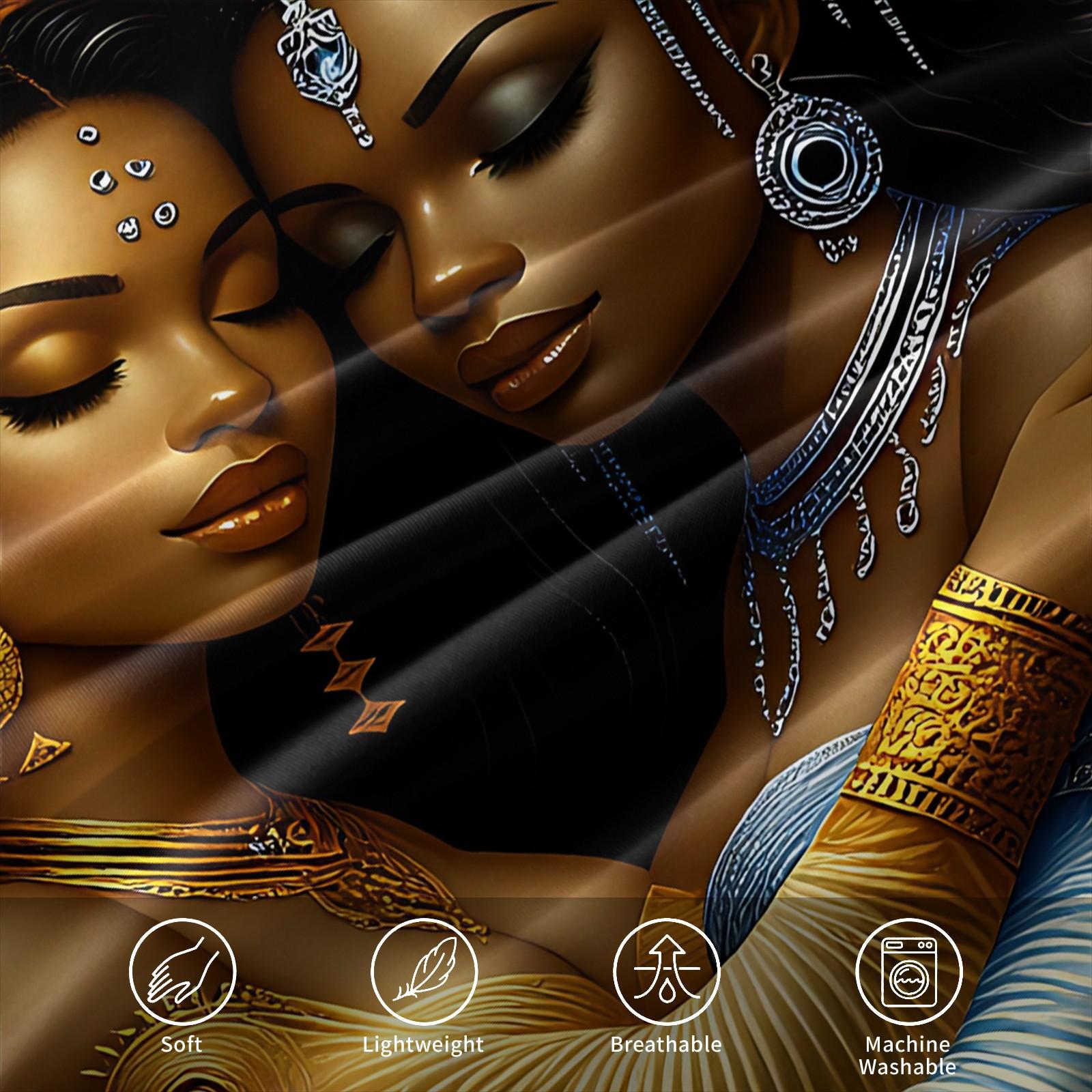 3PCS Gold Blue Black Goddess Hug Duvet Cover Set (1 Duvet Cover + 1-2 Coreless Pillowcases), African Queen Crown Art Print, Skin-Friendly Soft Comfy All Seasons Summer Vibes Artistic Print Bedding Set, Ideal for Bedroom Dorm Decor, Printed Bedding Set