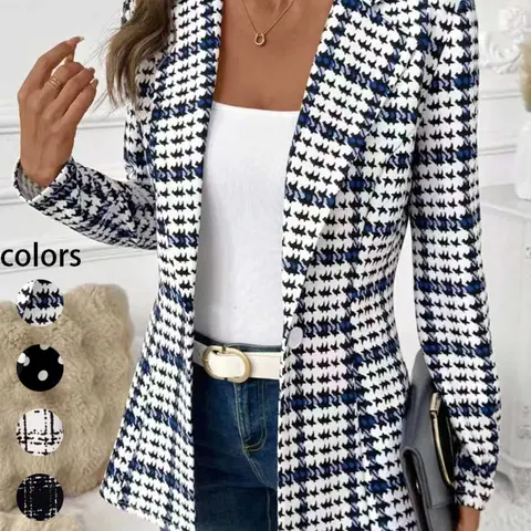 Elegant Chic Women's Plaid Blazer, Blue Check Long Sleeve Jacket, Fall Business Casual Office Wear, Classic Birdseye Commute Coat