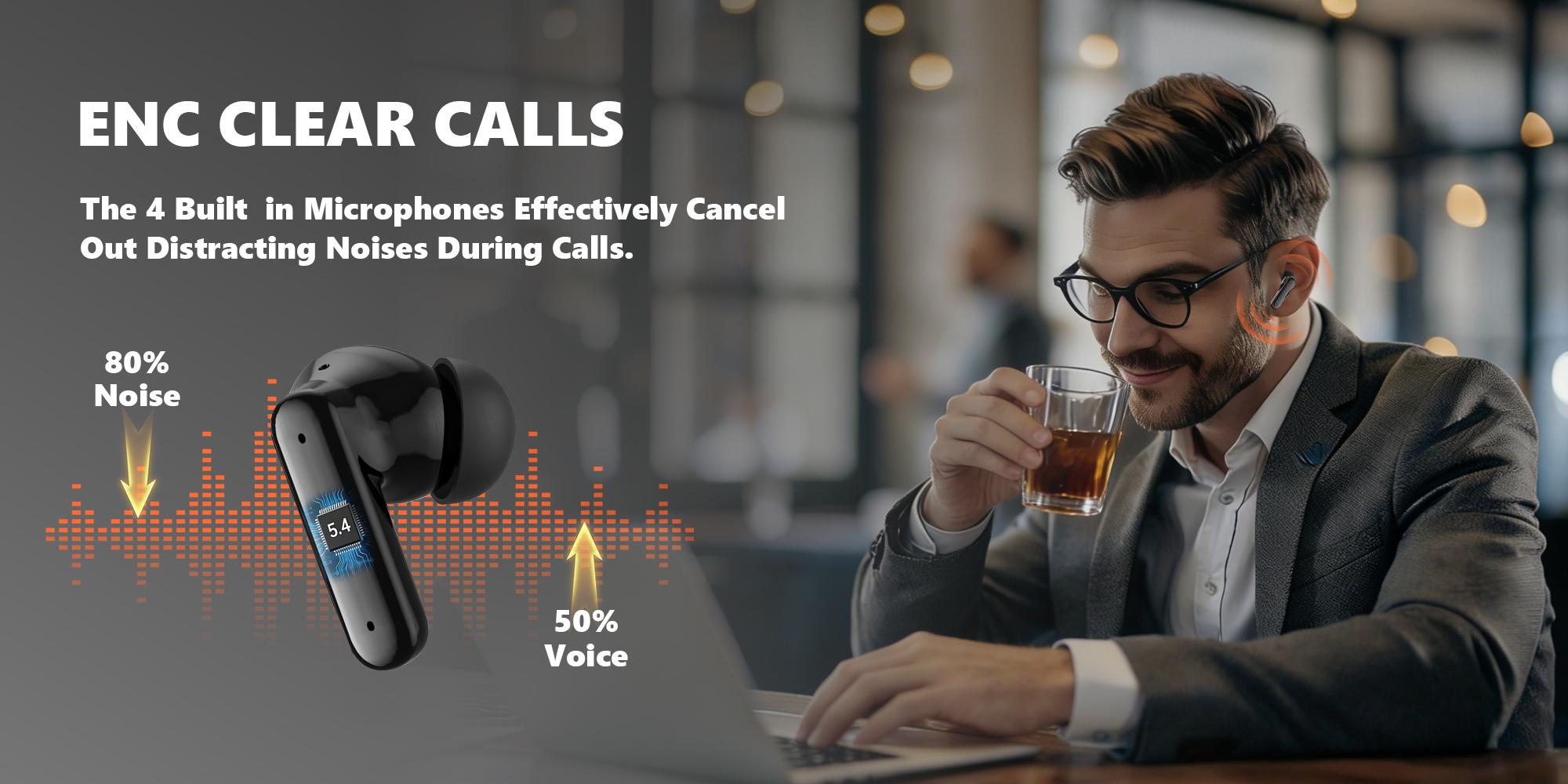 Wireless BT 5.4 Headphones,Wireless Earbuds with Touch LED Display,Hi-Fi Stereo Sound,In-Ear Earphones for Office,Sports,Study