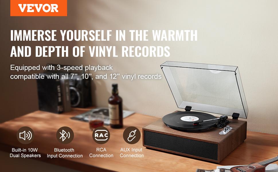 VEVOR Vinyl Record Player, 3-Speed, Belt Driven Turntable Player with Built-in 10W Stereo Speakers Magnetic Cartridge, Support 33/45/78 RPM Bluetooth Aux in RCA Output, for 7/10/12 in Vinyl Records VEVOR Vinyl Record Player, 3-Speed, Belt Driven Turntable Player with Built-in 10W Stereo Speakers Magnetic Cartridge, Support 33/45/78 RPM Bluetooth Aux in RCA Output, for 7/10/12 in Vinyl Records