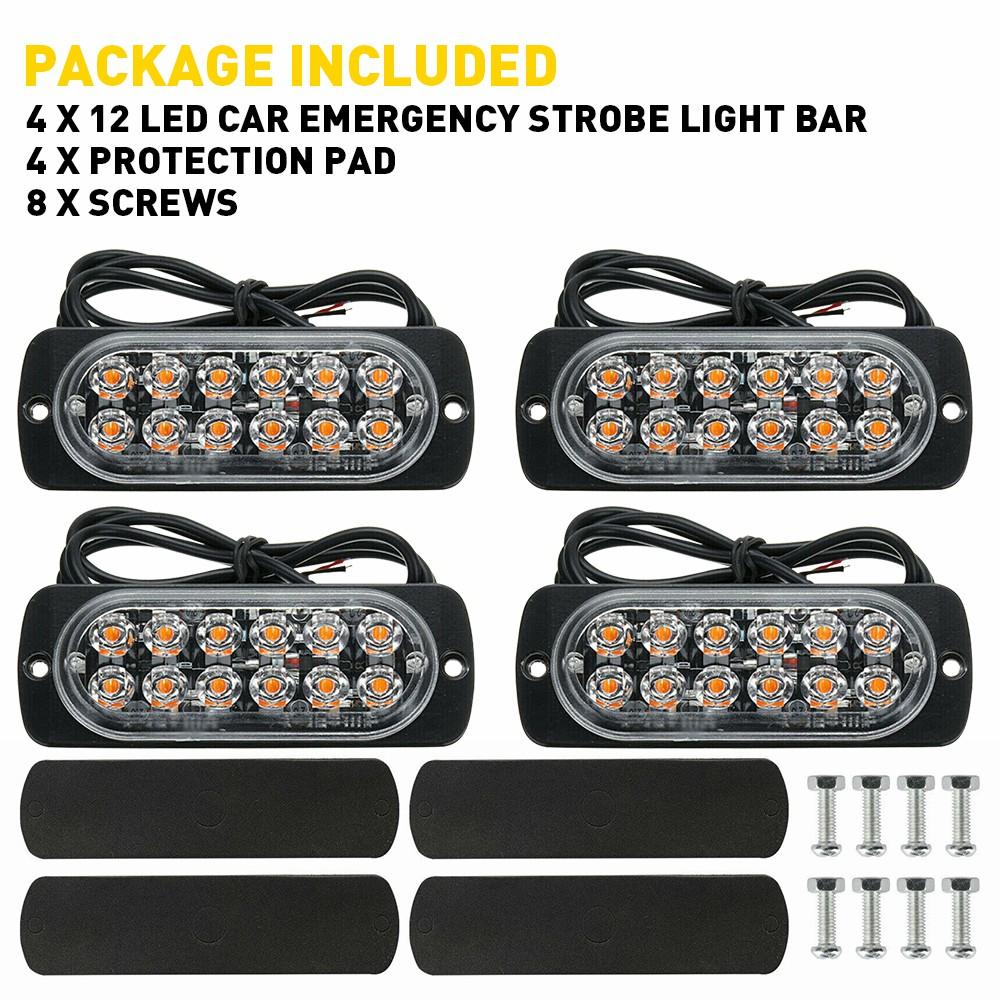 4-Pack 12 LED Amber/White Strobe Lights Vehicles Trucks Emergency Strobe Lights Kit 12V -24V Warning Hazard Flash Strobe Lights Bar Grill Grille Surface Mount Super Bright Waterproof, Amber/White
