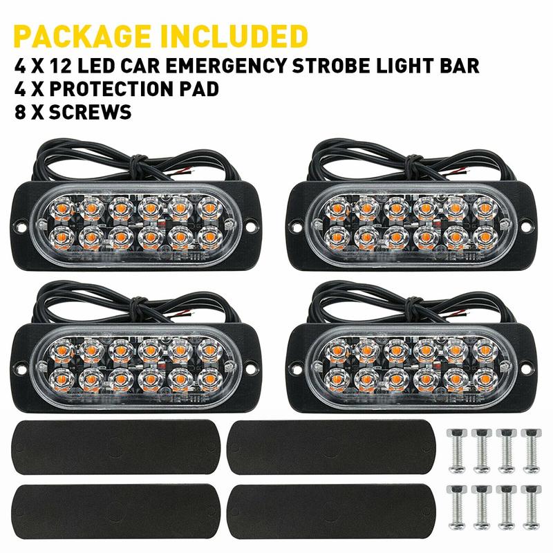 4-Pack 12 LED Amber/White Strobe Lights Vehicles Trucks Emergency Strobe Lights Kit 12V -24V Warning Hazard Flash Strobe Lights Bar Grill Grille Surface Mount Super Bright Waterproof, Amber/White