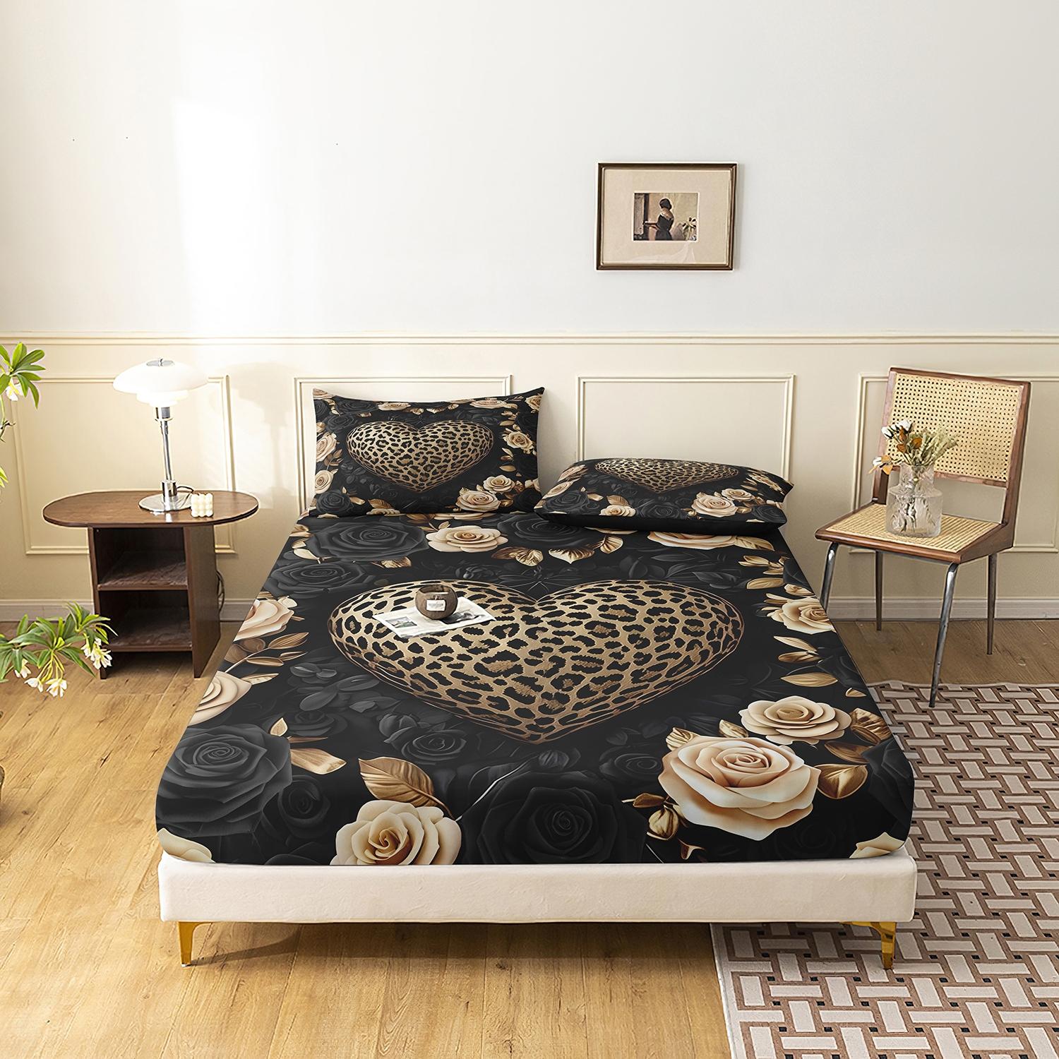 3Pcs Leopard Print Heart Rose Fitted Sheet Set, Soft Microfiber Deep Pocket Non-Slip Bed Sheet with 2 Pillowcases, Luxury Aesthetic Bedding Set for Bedroom Decor