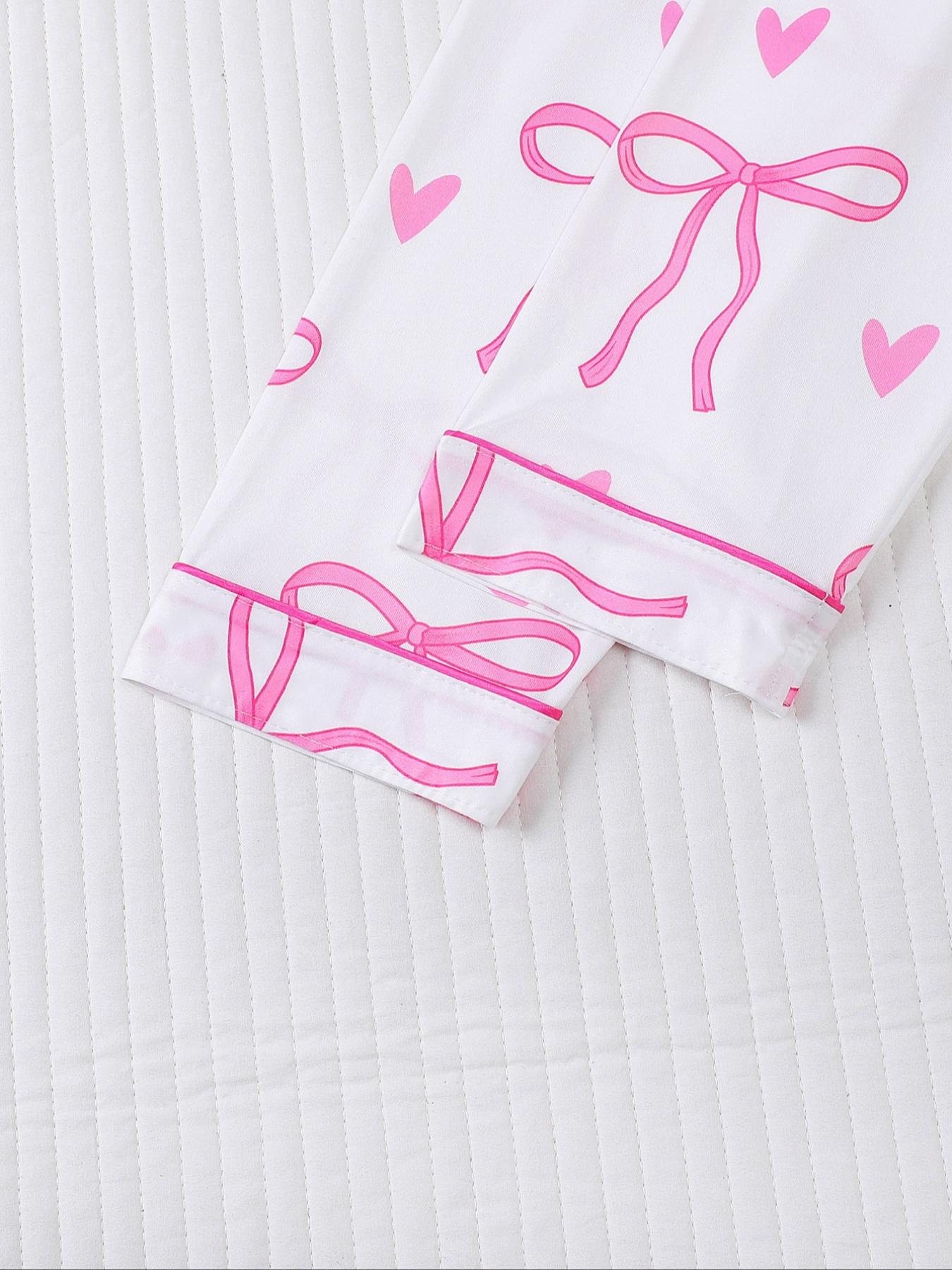 Women's Cute Bow Print Pajama Set,Valentine's Day Gift ，Fall & Winter Casual Homewear, Soft Elastic Fabric, Long Sleeve Shirt Collar Top & Pants