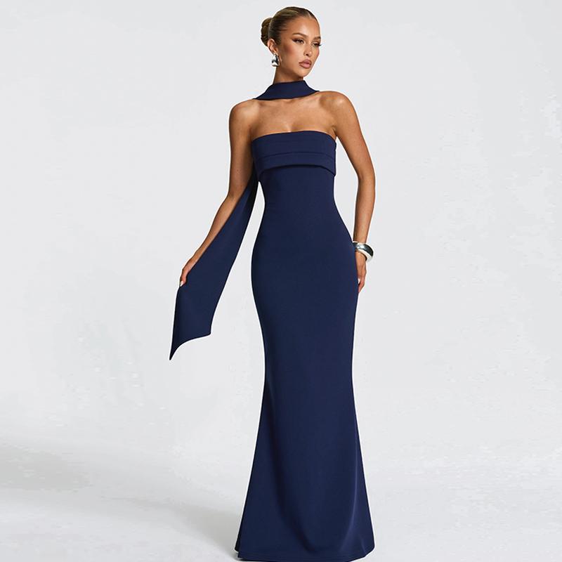 Women‘s Black Tie-neck Dress, Solid Ruched Sleeveless Strapless Backless Tube Dress & Halter Neck Scarf Ribbon Two-piece Set, Plain Back Zipper Maxi Long Dresses, Sexy Cocktail Party Club Date Evening Gown Wedding Guest Mermaid Dress Outfit For Ladies