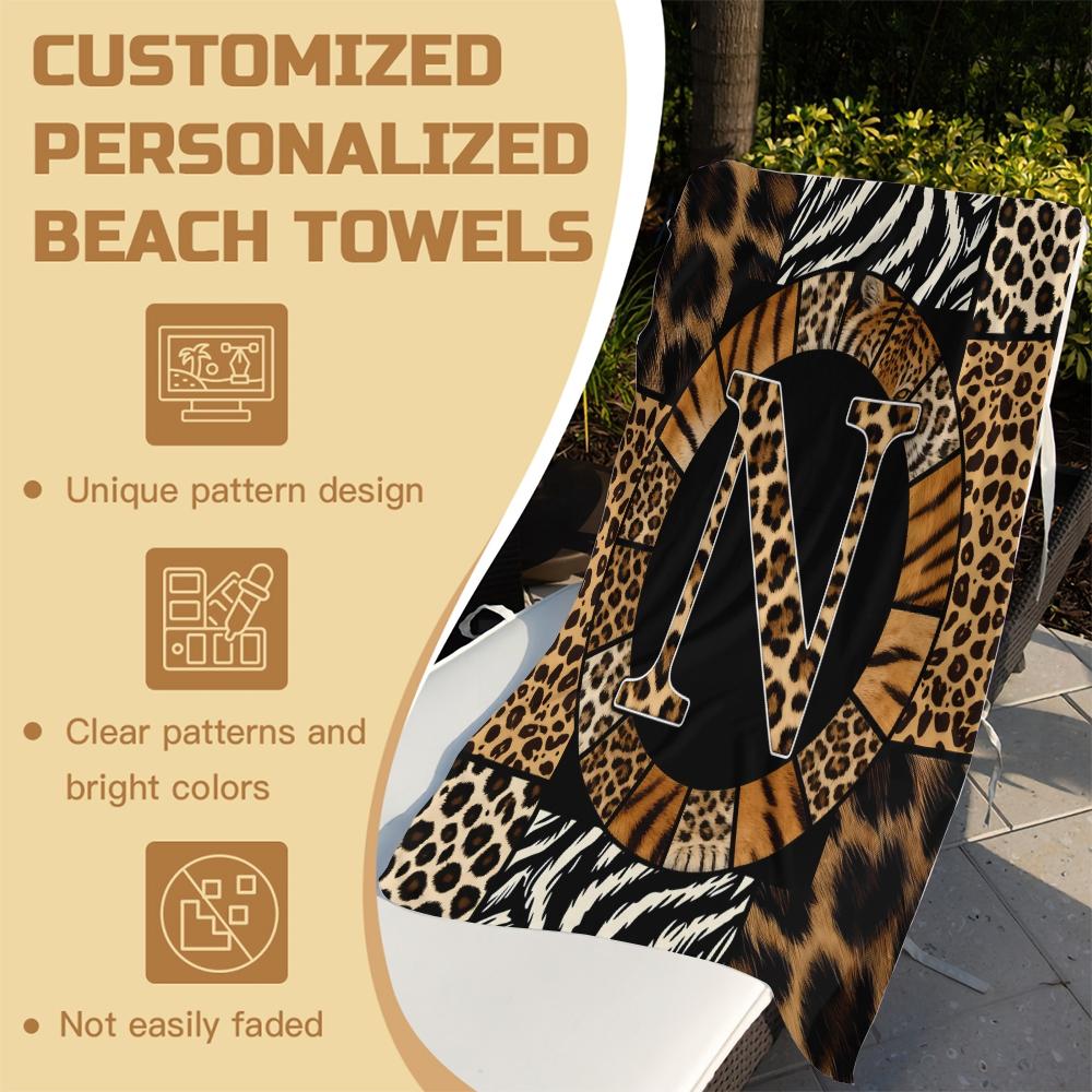 Animal Print Monogram Beach Towel, Leopard Zebra Tiger Initial Microfiber Quick Dry Sand Free Towel, Gift for Animal Lovers