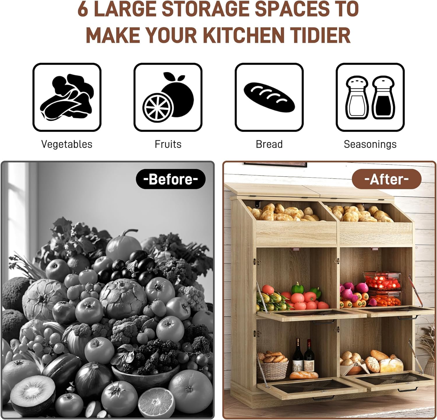 Large Wood Veggie Bin for Potato,Bread,Onion With 6 Large Storage Space. Root Vegetable Storage Box For Kitchen, Farmhouse Wood Potato Box With 4 Mesh Doors,32 * 12.4 * 36 INCH