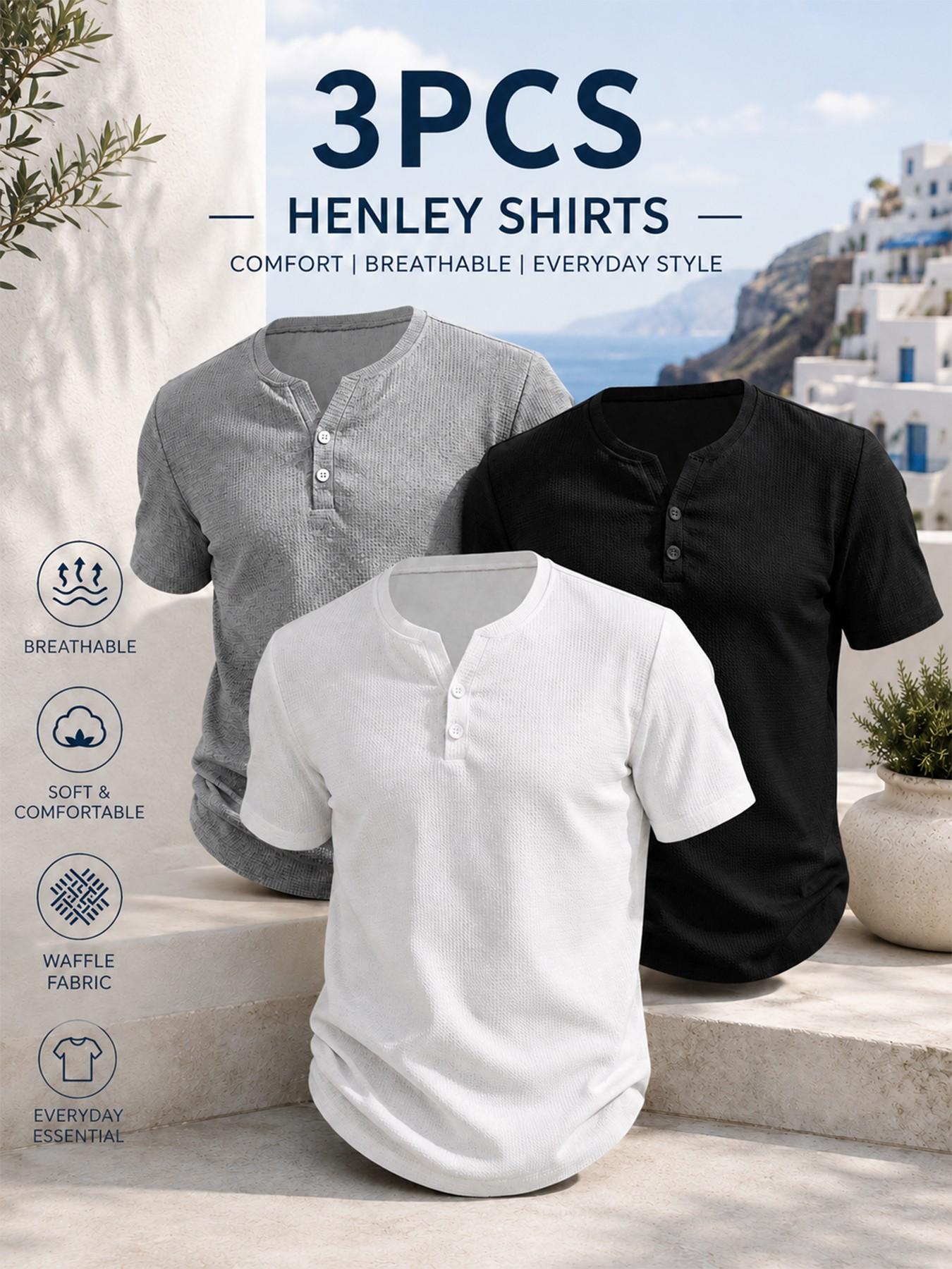 3pcs Men’s Waffle Knit Henley Shirt, Textured 2-Button Casual T-Shirt, Lightweight Breathable Summer Top, Slim-Fitting Long Sleeve, Menswear